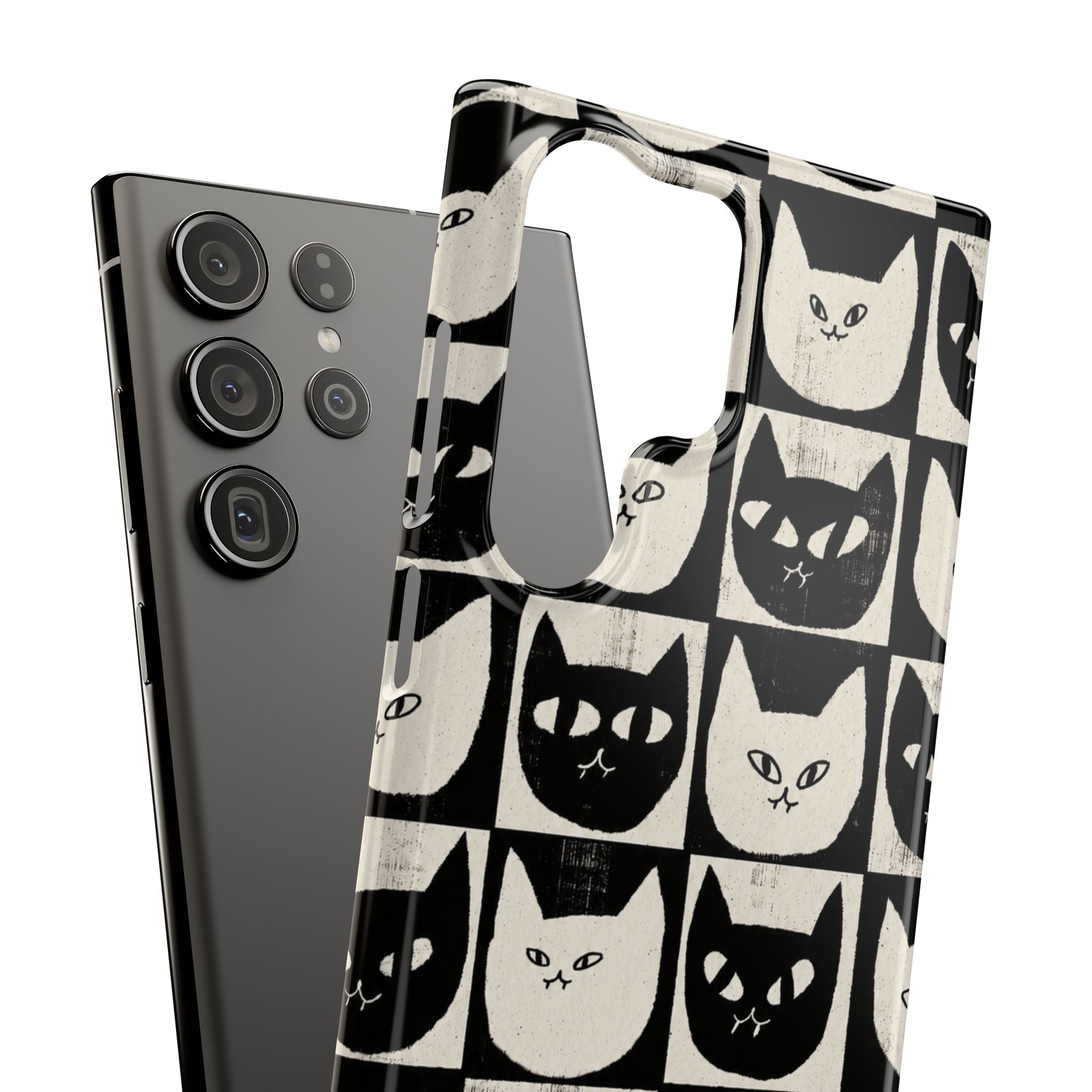 Midnight Cat Grid – Black & White Minimal Cat Phone Case