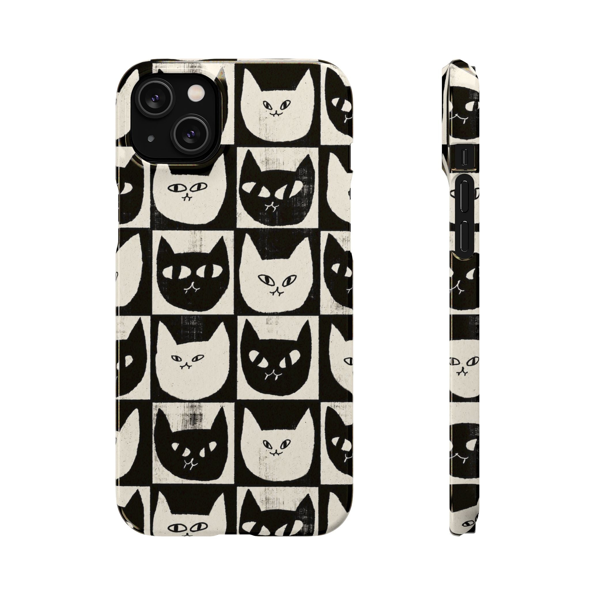 Midnight Cat Grid – Black & White Minimal Cat Phone Case
