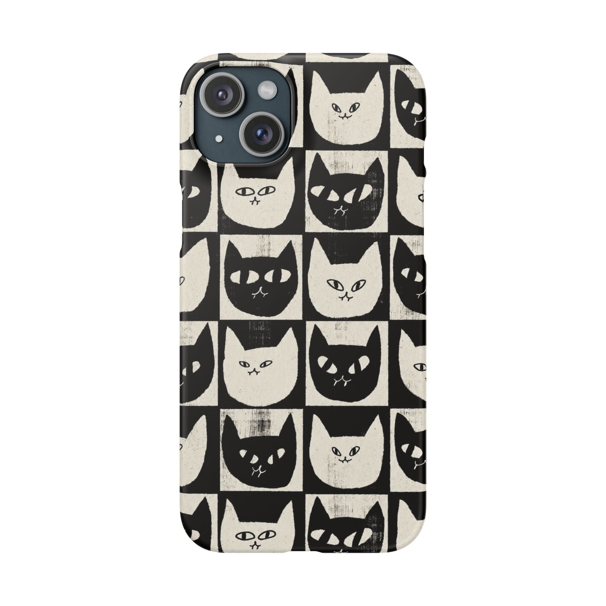 Midnight Cat Grid – Black & White Minimal Cat Phone Case