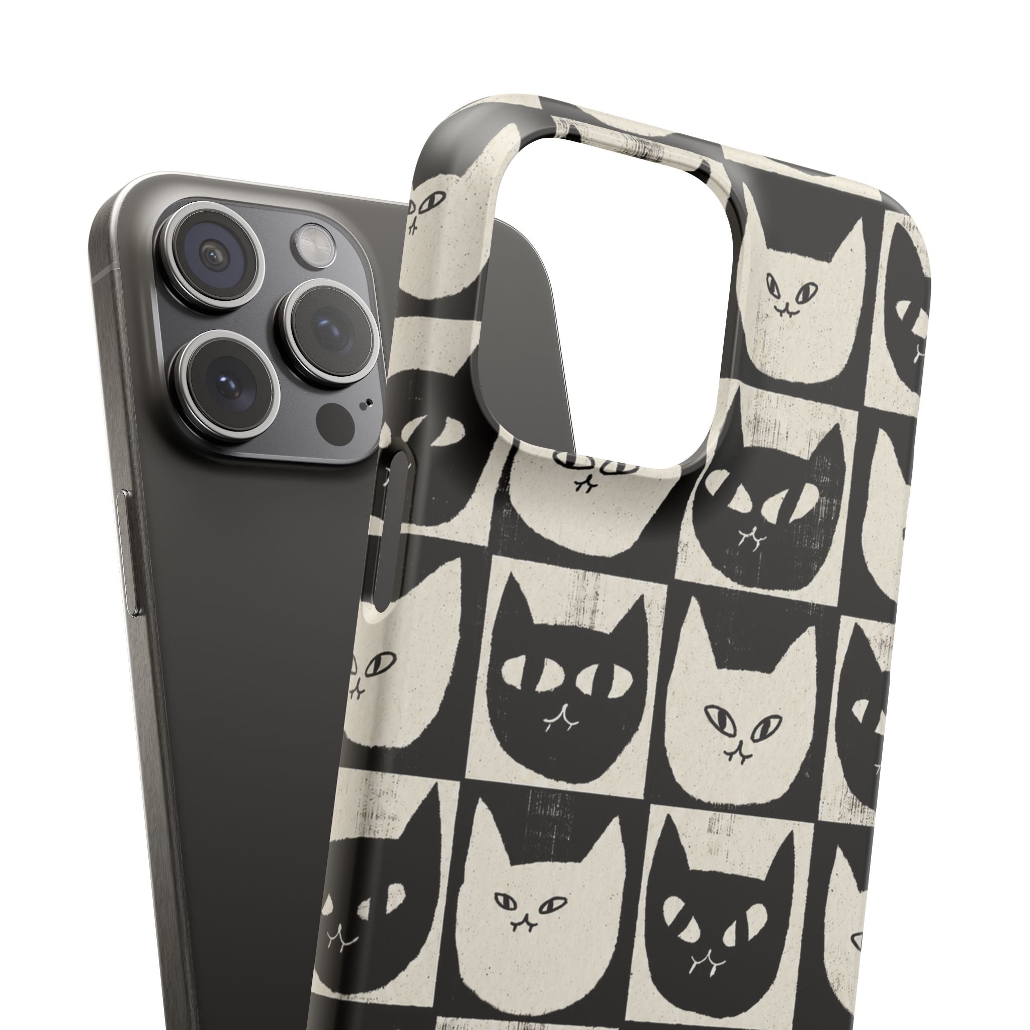 Midnight Cat Grid – Black & White Minimal Cat Phone Case