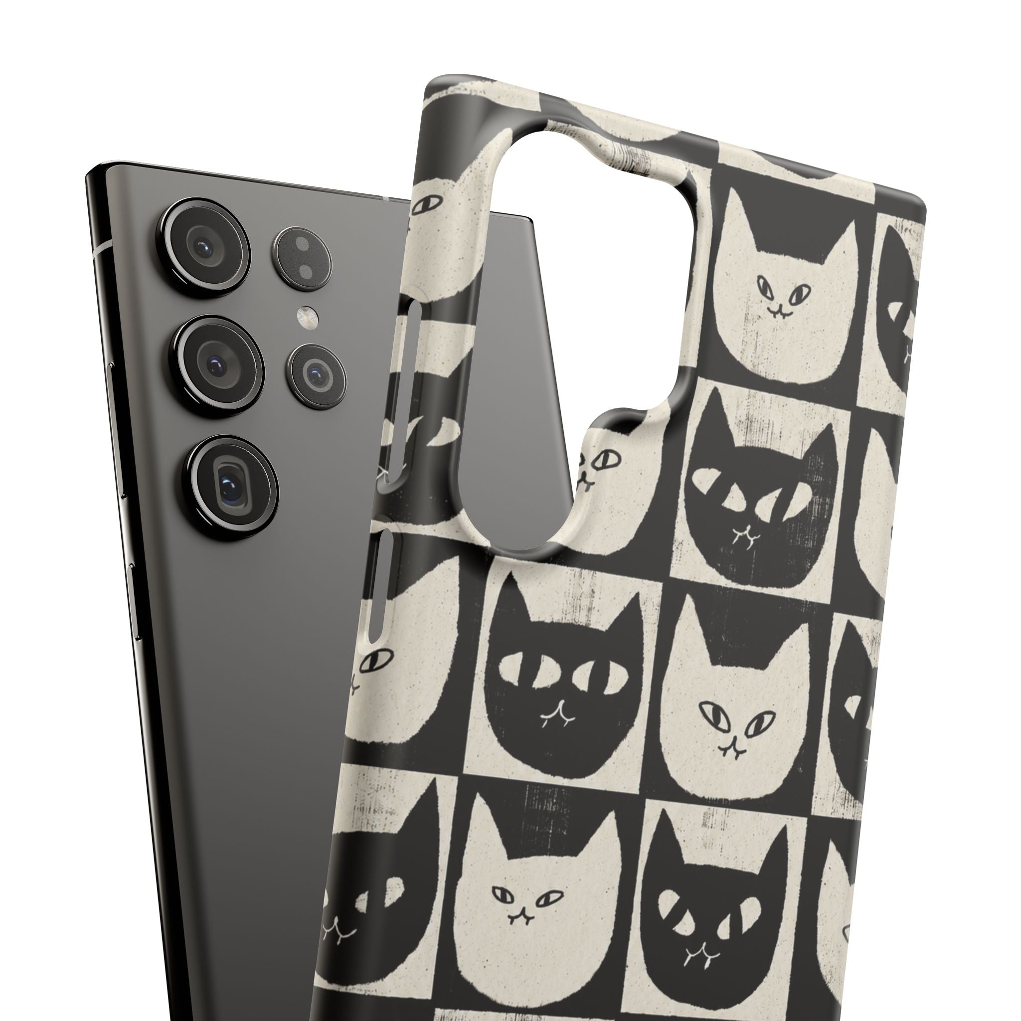 Midnight Cat Grid – Black & White Minimal Cat Phone Case