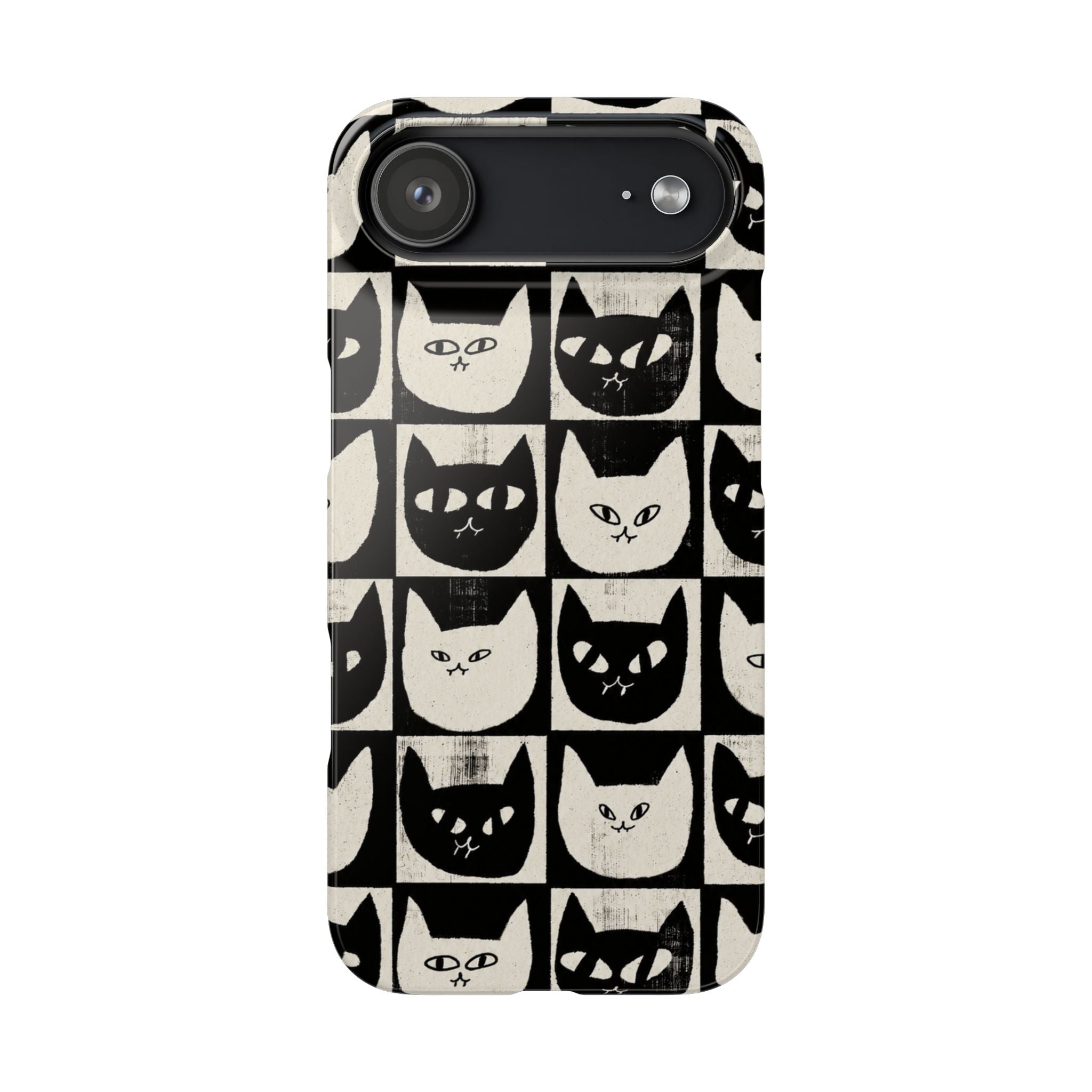 Midnight Cat Grid – Black & White Minimal Cat Phone Case