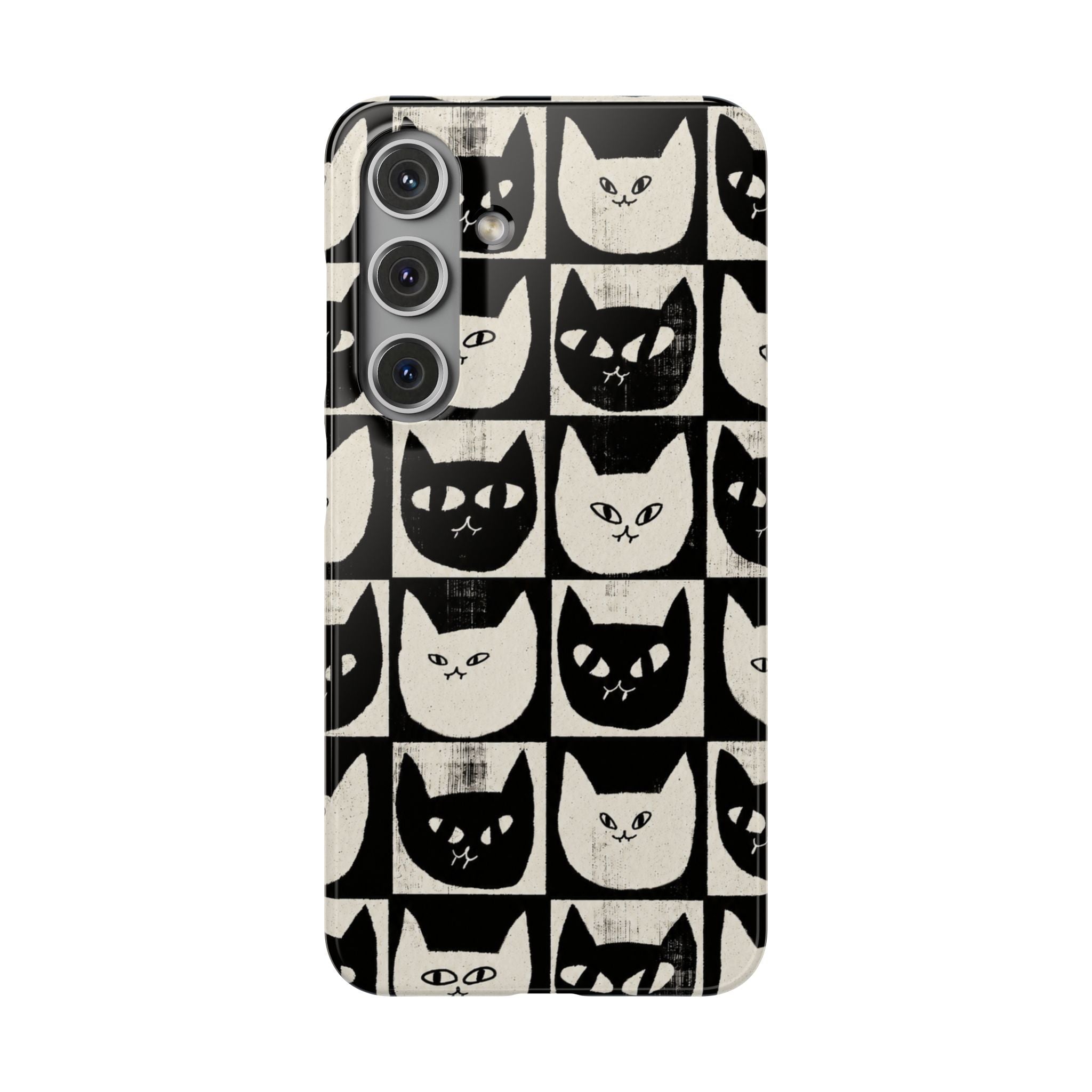 Midnight Cat Grid – Black & White Minimal Cat Phone Case