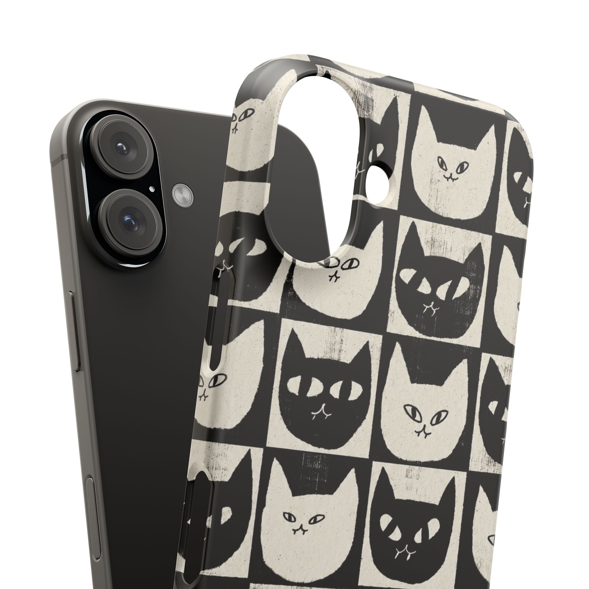 Midnight Cat Grid – Black & White Minimal Cat Phone Case