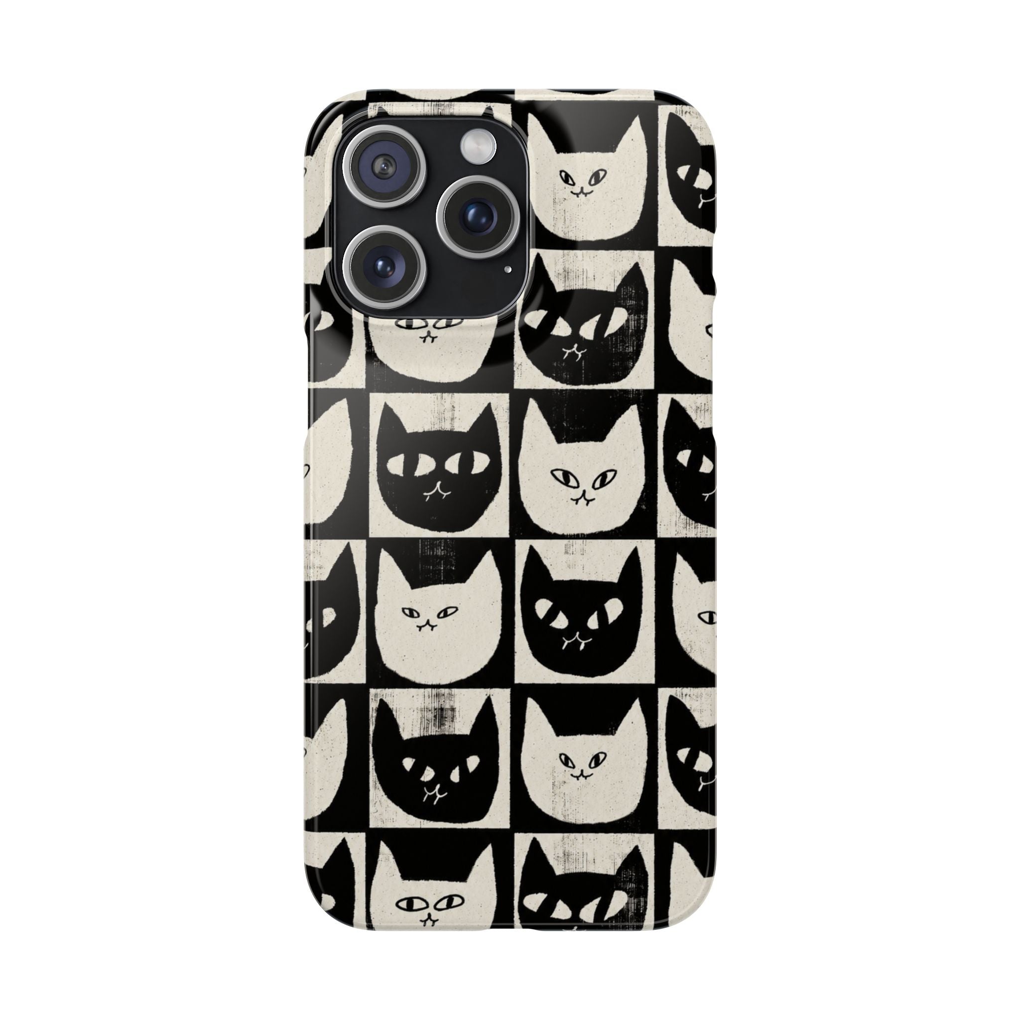 Midnight Cat Grid – Black & White Minimal Cat Phone Case