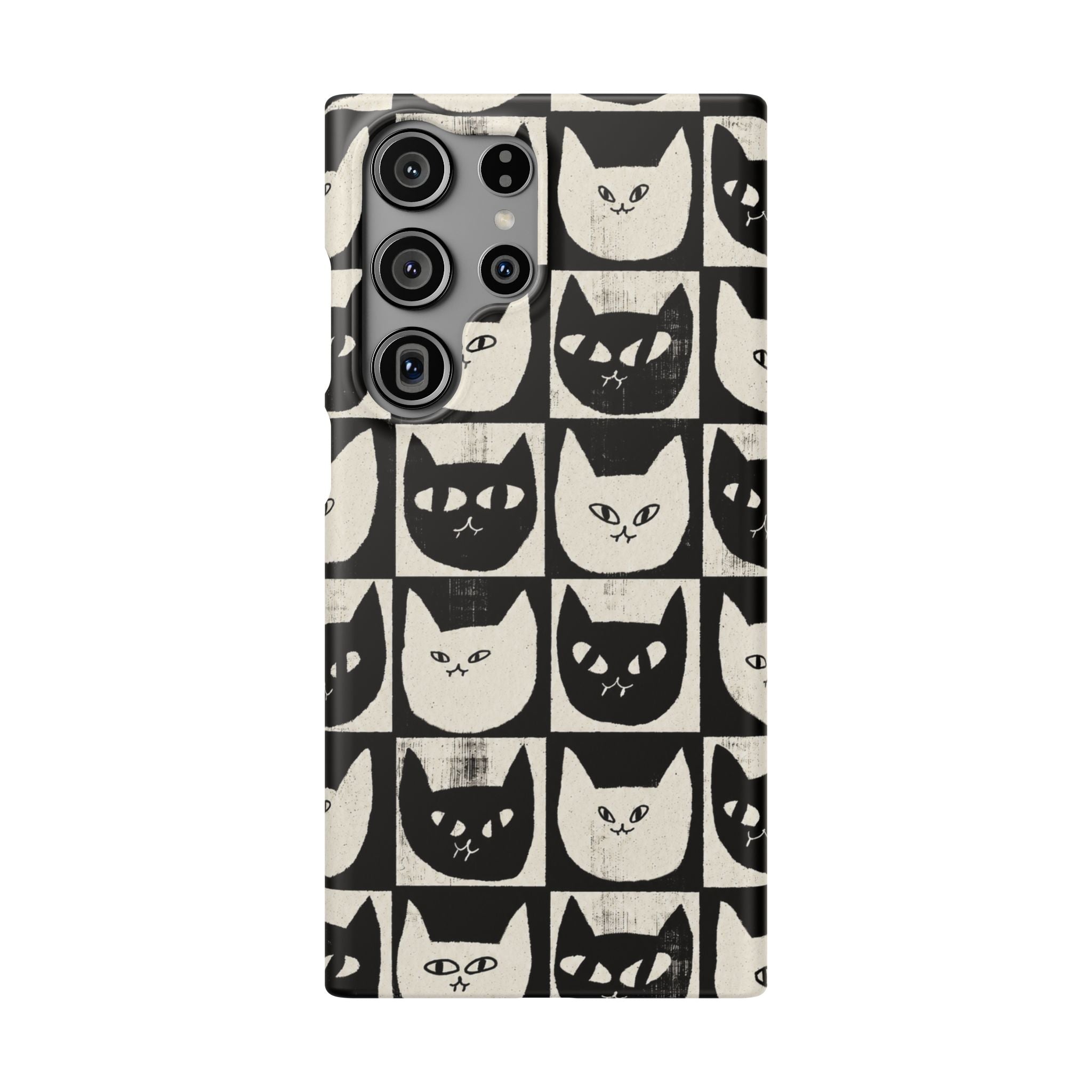 Midnight Cat Grid – Black & White Minimal Cat Phone Case