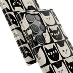 Midnight Cat Grid – Black & White Minimal Cat Phone Case