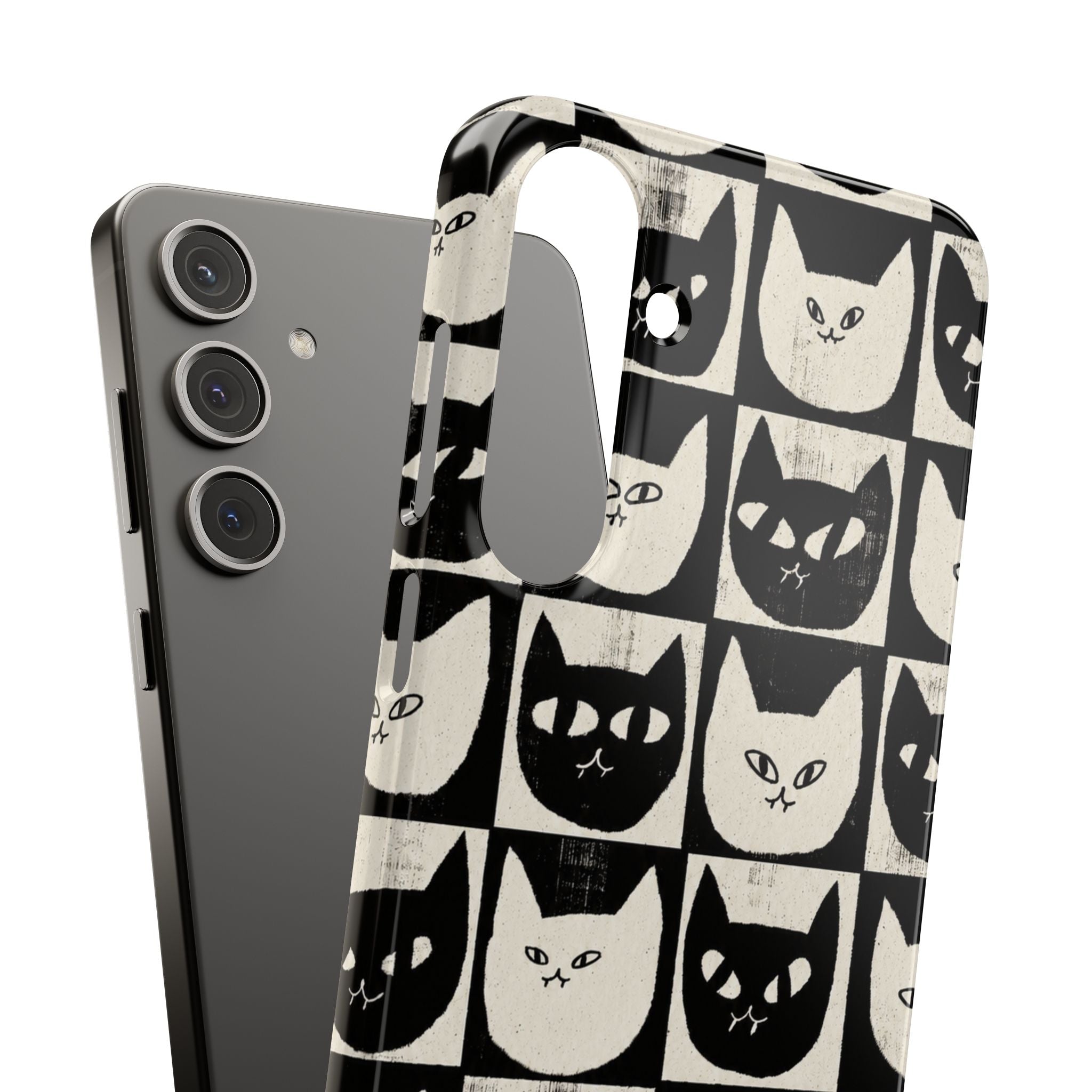 Midnight Cat Grid – Black & White Minimal Cat Phone Case