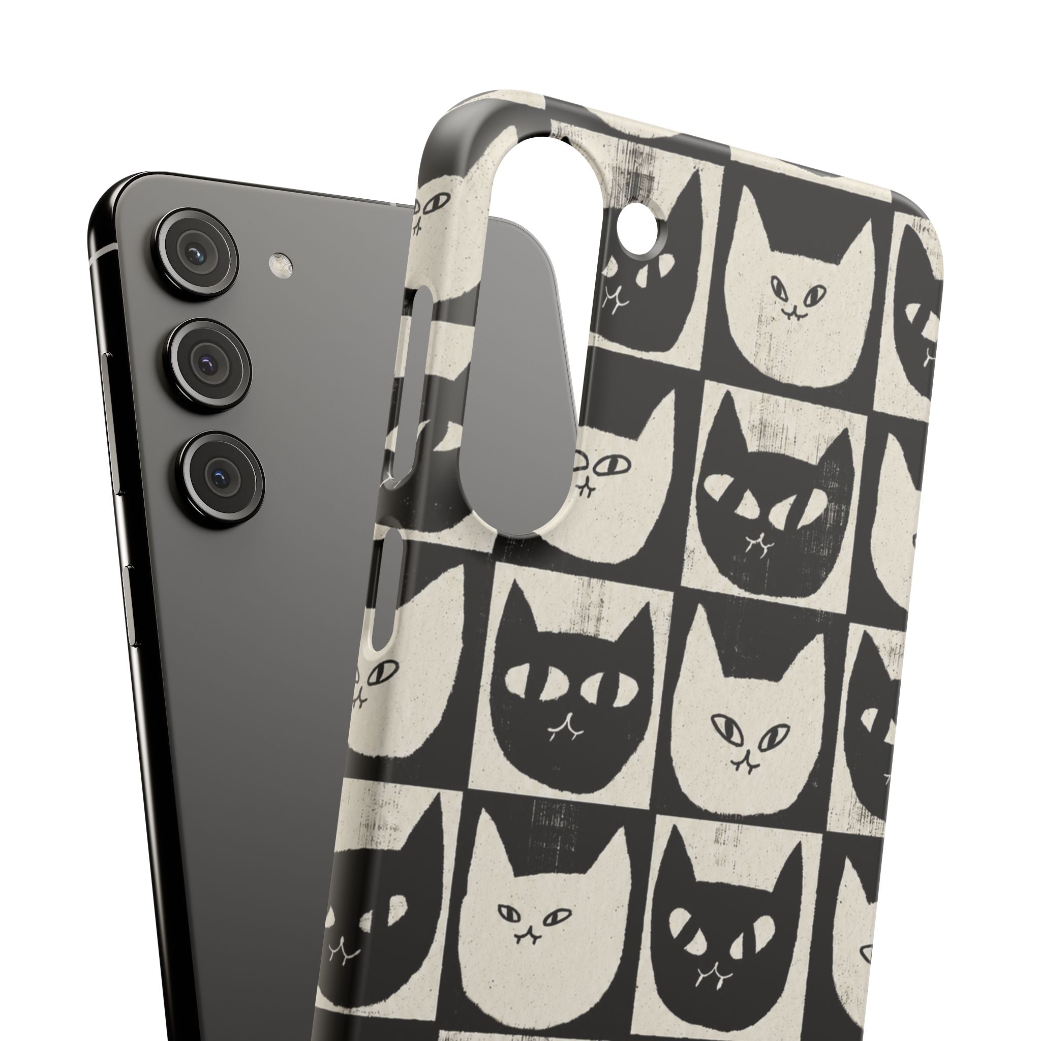 Midnight Cat Grid – Black & White Minimal Cat Phone Case