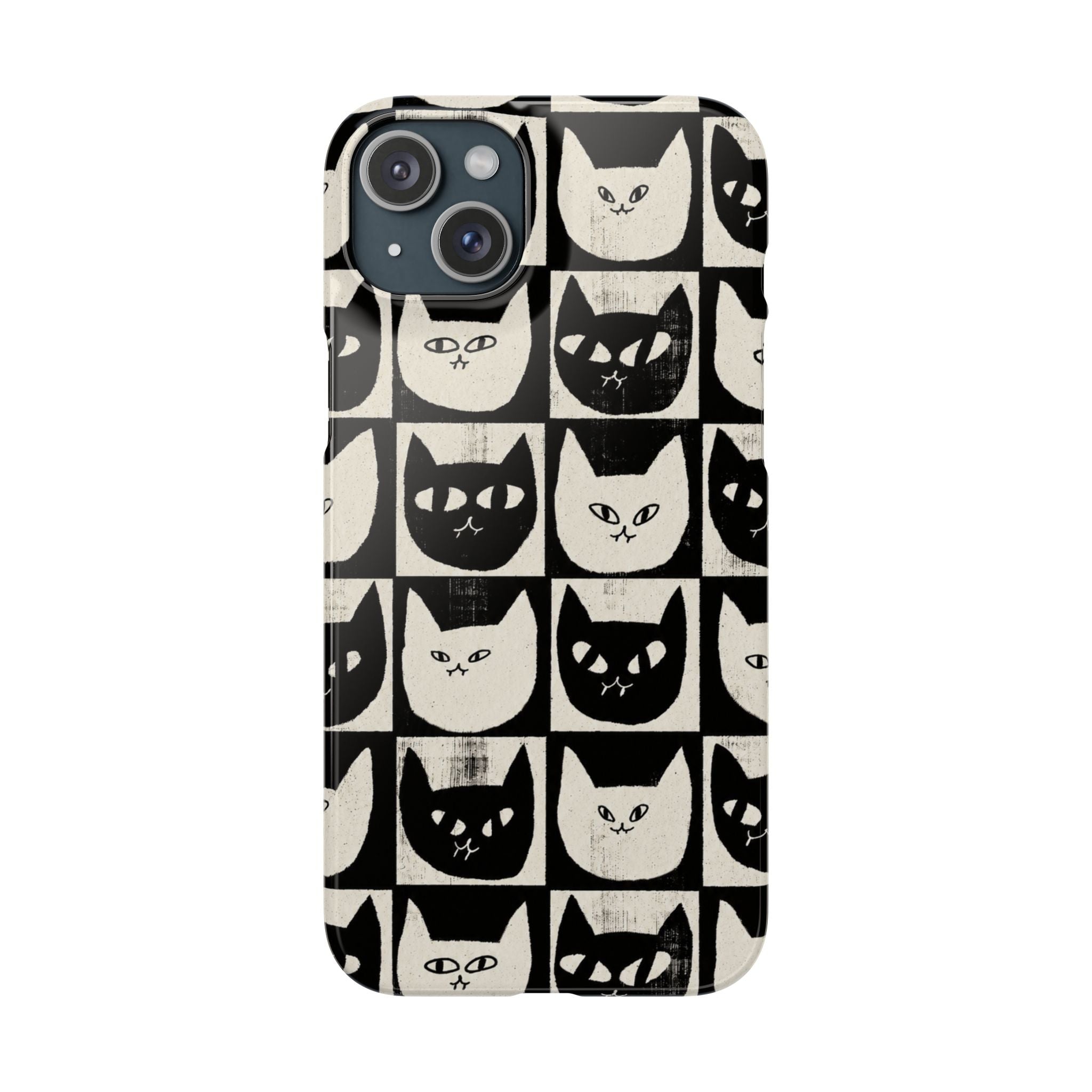 Midnight Cat Grid – Black & White Minimal Cat Phone Case
