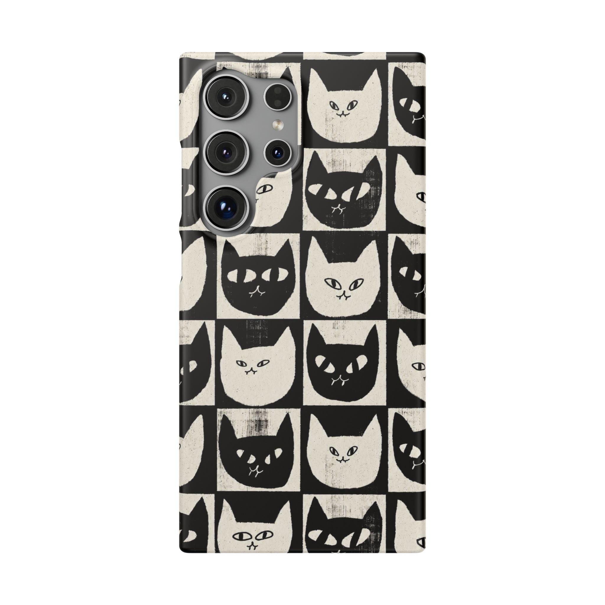 Midnight Cat Grid – Black & White Minimal Cat Phone Case