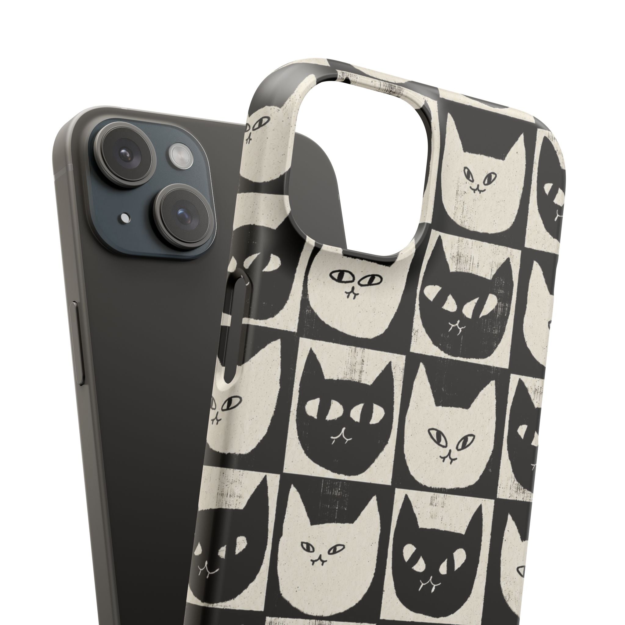 Midnight Cat Grid – Black & White Minimal Cat Phone Case