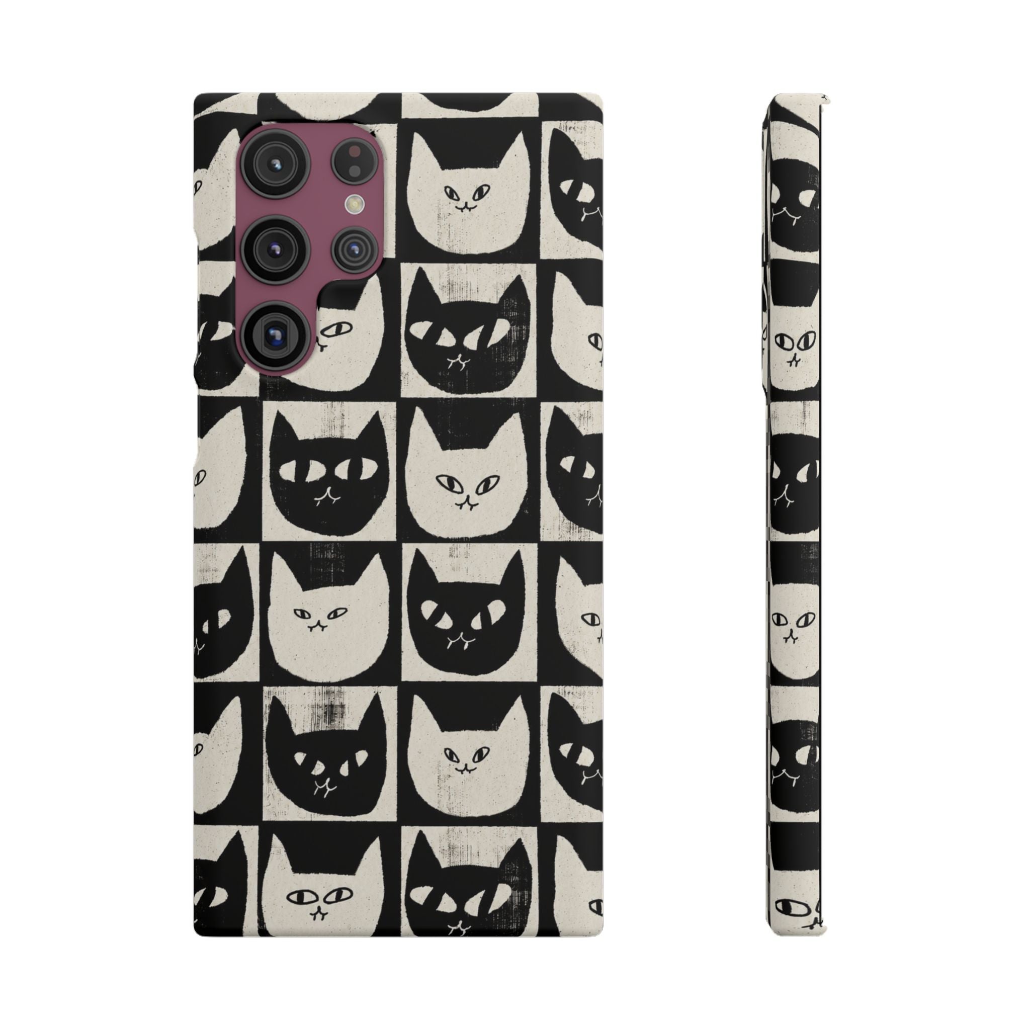 Midnight Cat Grid – Black & White Minimal Cat Phone Case