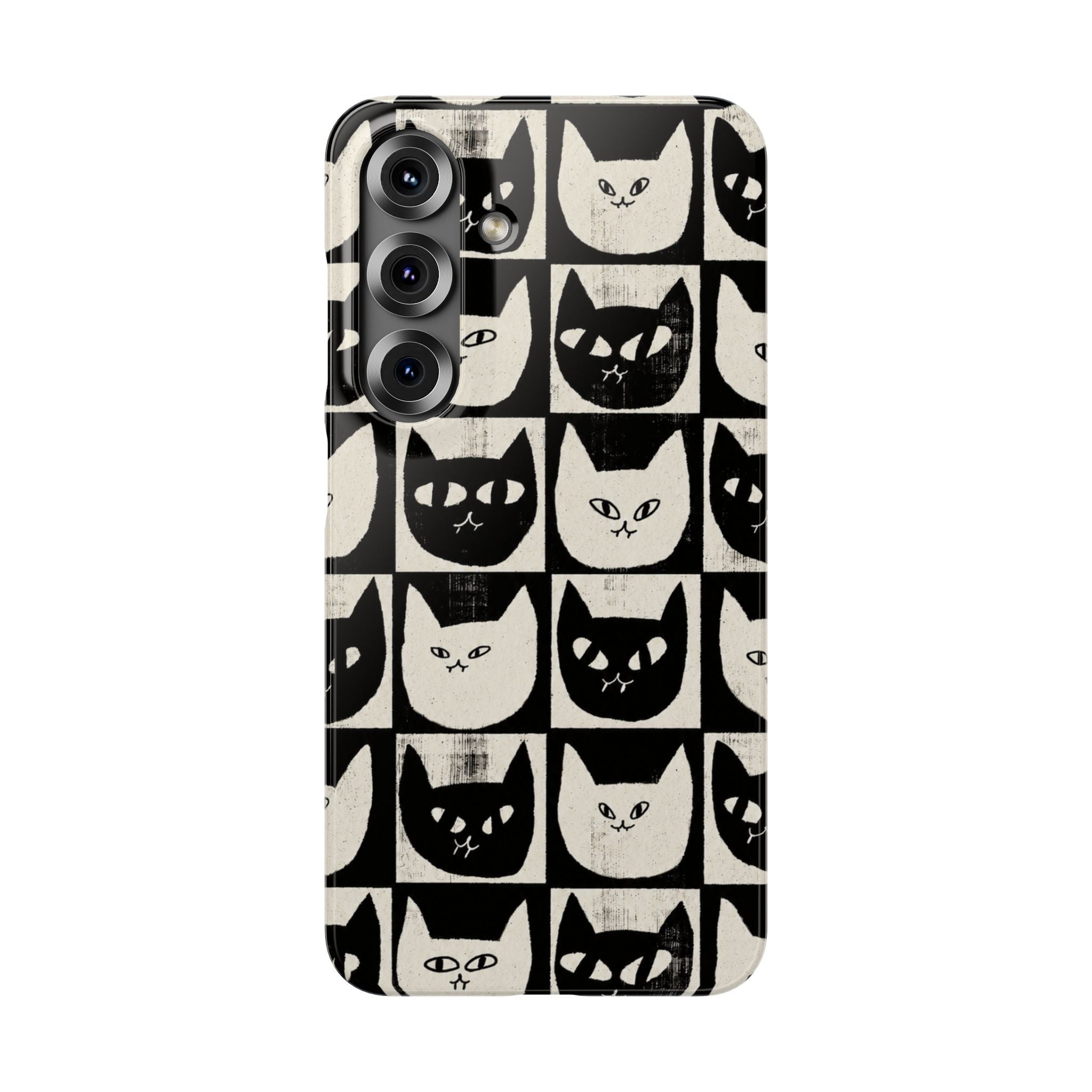 Midnight Cat Grid – Black & White Minimal Cat Phone Case