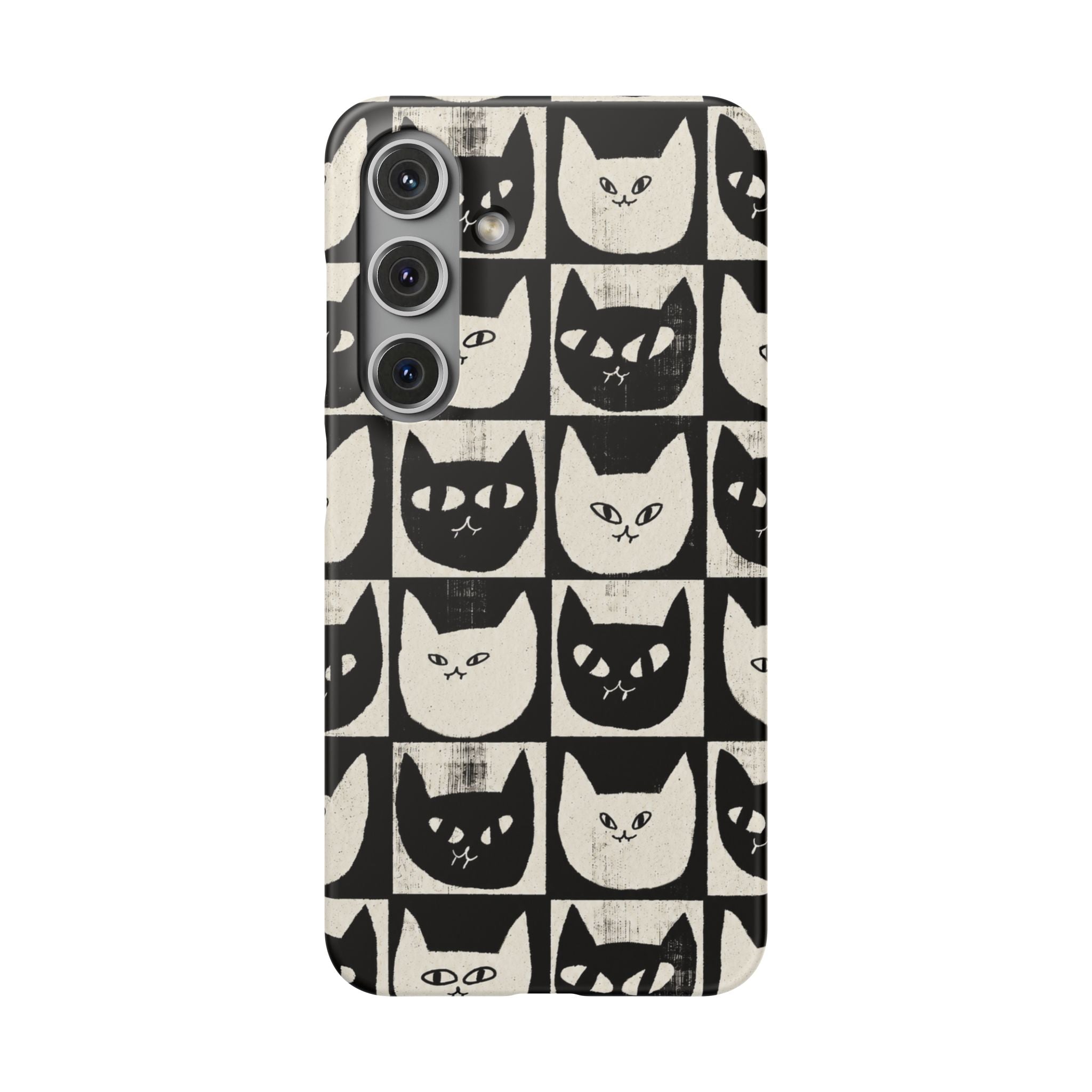 Midnight Cat Grid – Black & White Minimal Cat Phone Case