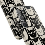 Midnight Cat Grid – Black & White Minimal Cat Phone Case