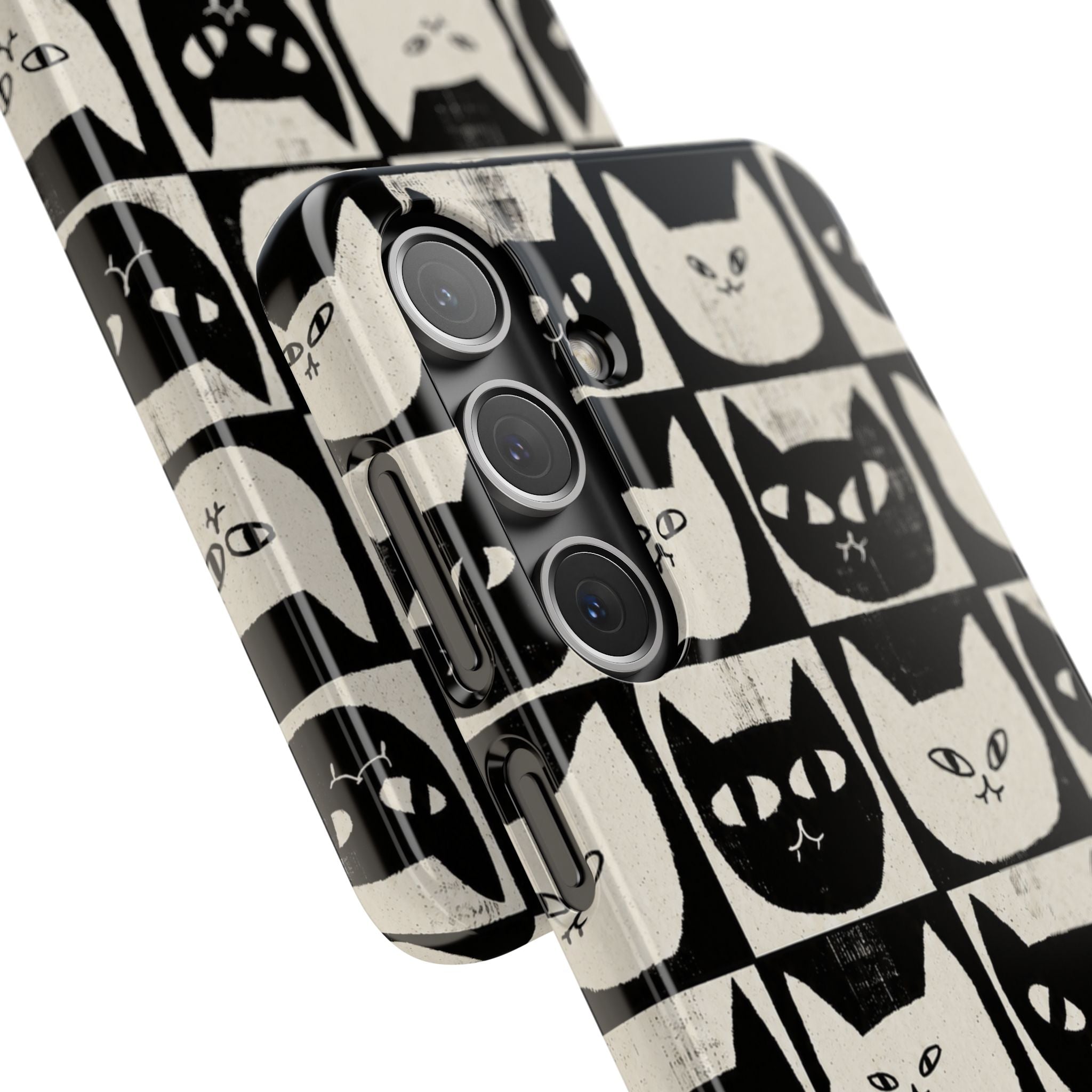Midnight Cat Grid – Black & White Minimal Cat Phone Case