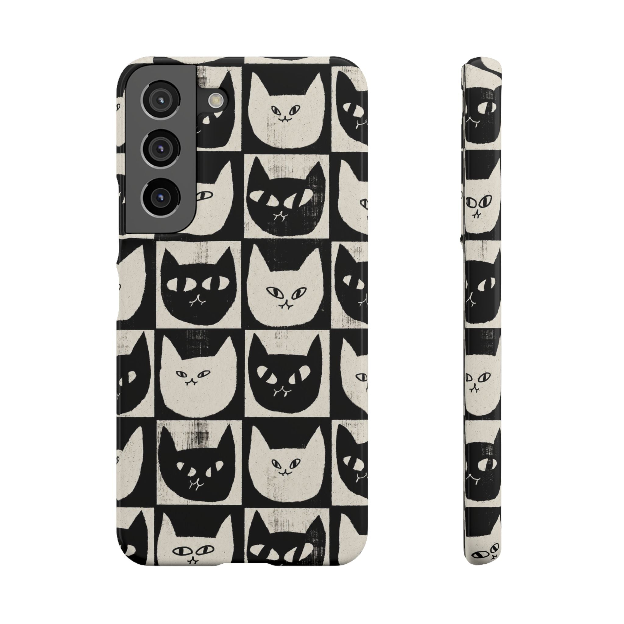 Midnight Cat Grid – Black & White Minimal Cat Phone Case