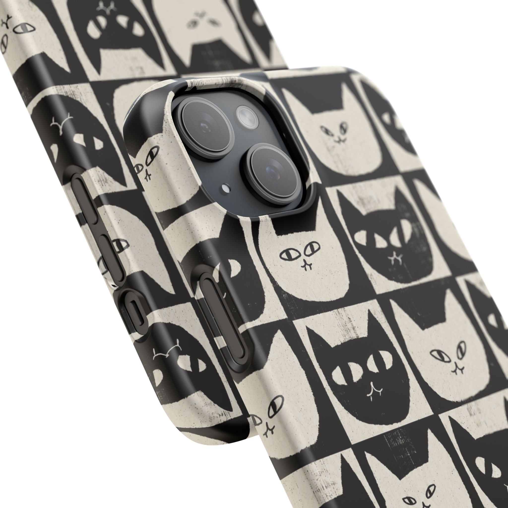 Midnight Cat Grid – Black & White Minimal Cat Phone Case
