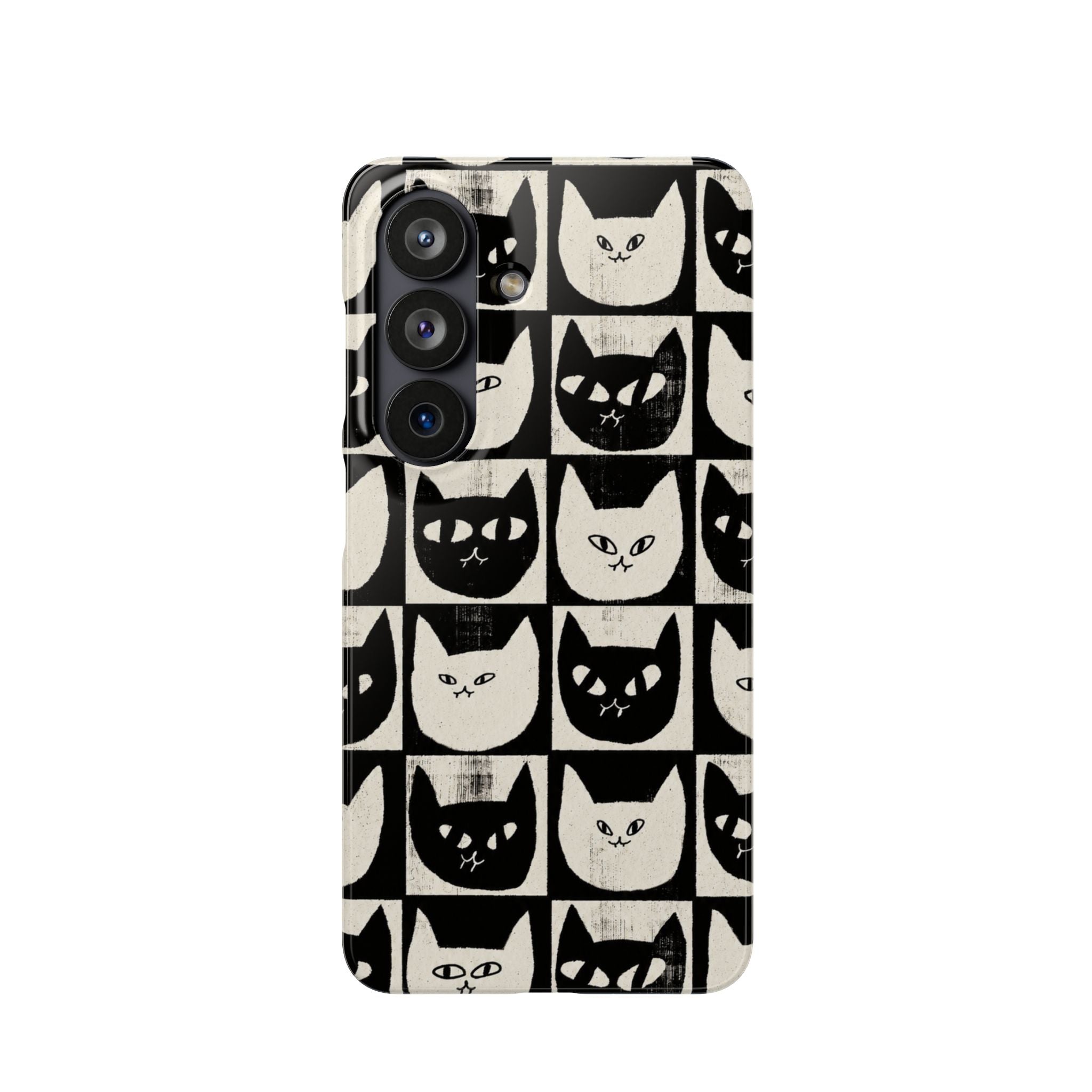 Midnight Cat Grid – Black & White Minimal Cat Phone Case