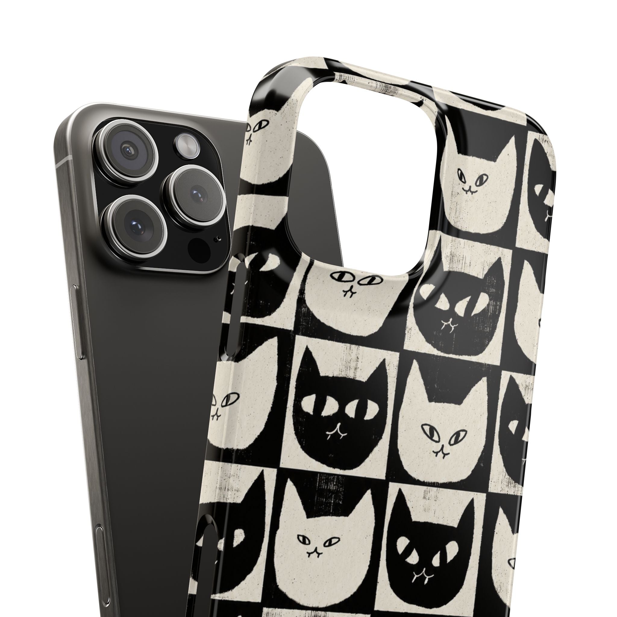 Midnight Cat Grid – Black & White Minimal Cat Phone Case