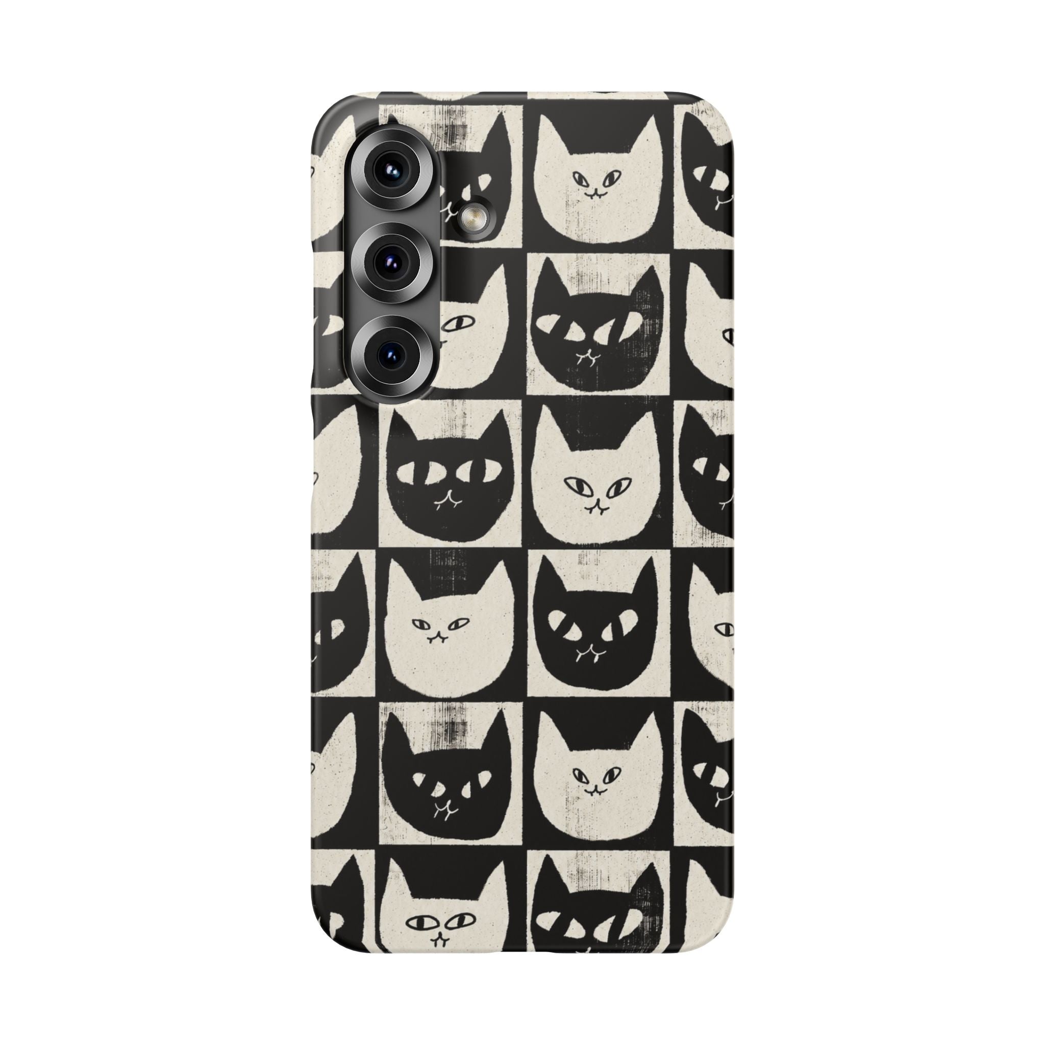 Midnight Cat Grid – Black & White Minimal Cat Phone Case