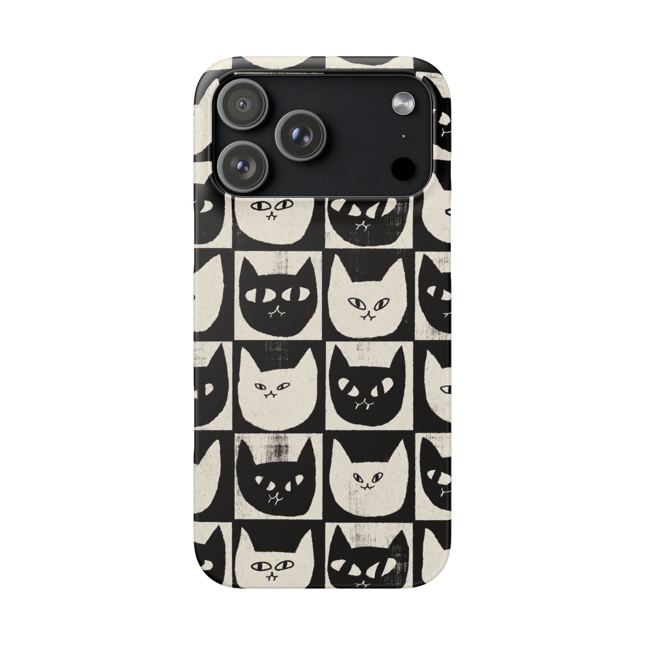 Midnight Cat Grid – Black & White Minimal Cat Phone Case