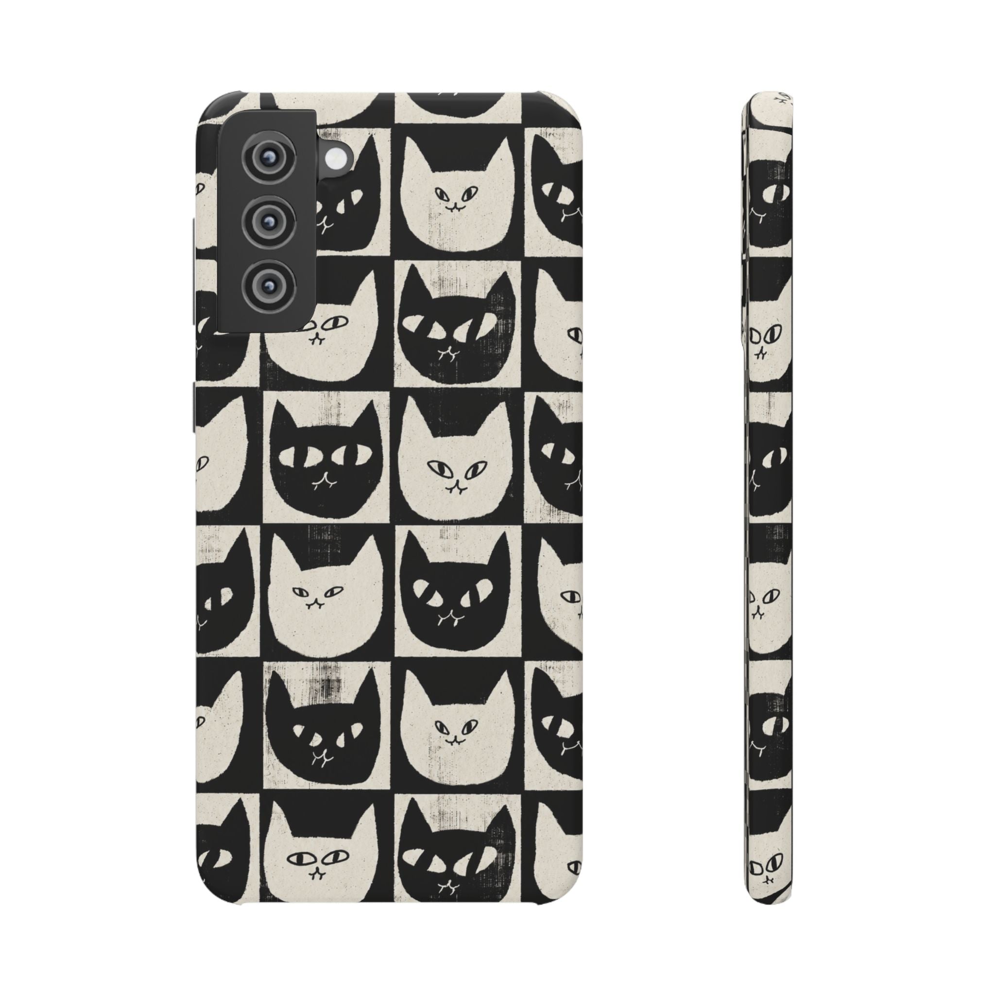 Midnight Cat Grid – Black & White Minimal Cat Phone Case