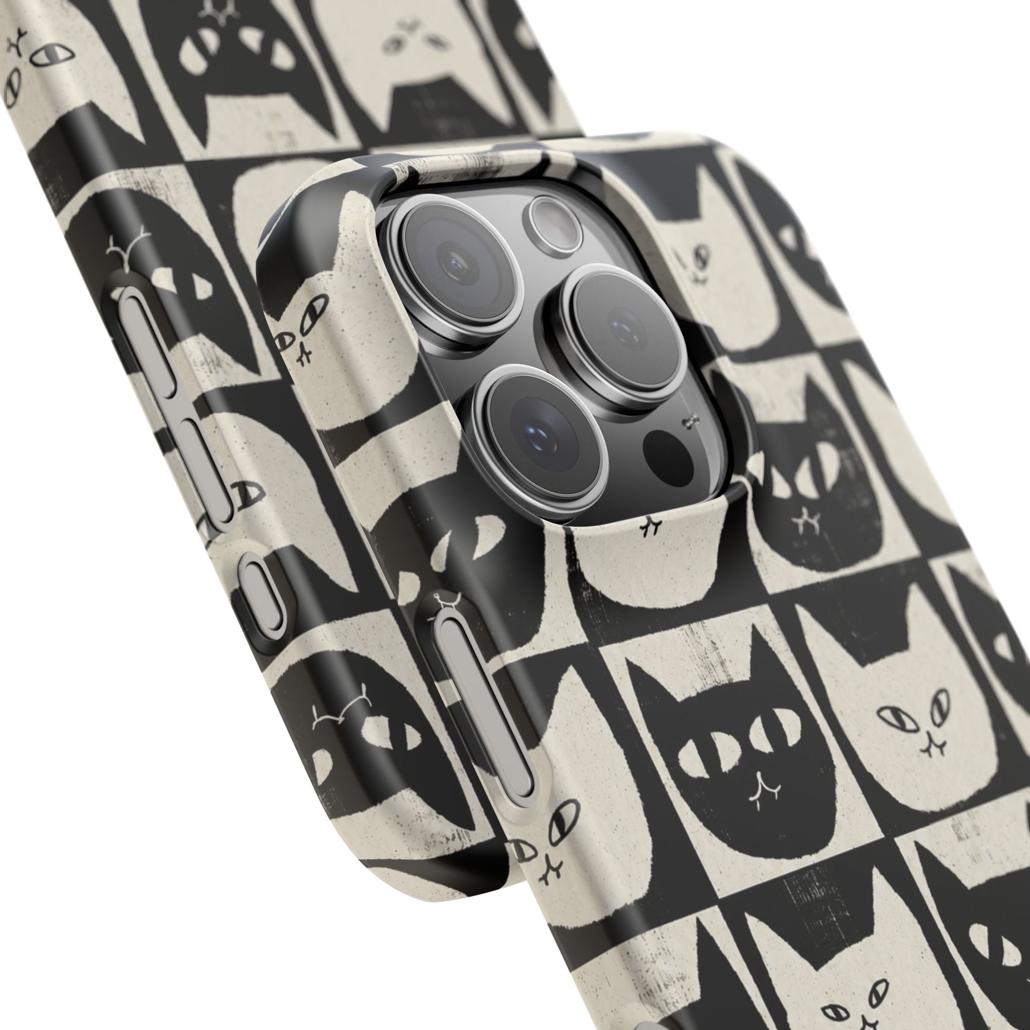 Midnight Cat Grid – Black & White Minimal Cat Phone Case