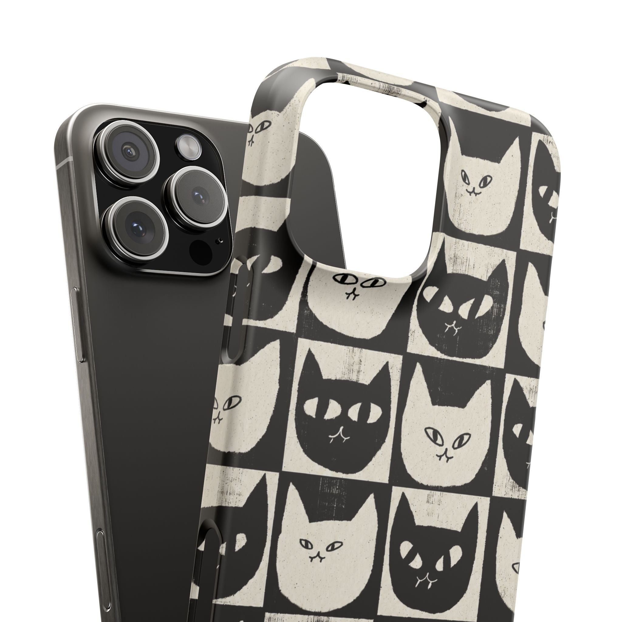 Midnight Cat Grid – Black & White Minimal Cat Phone Case