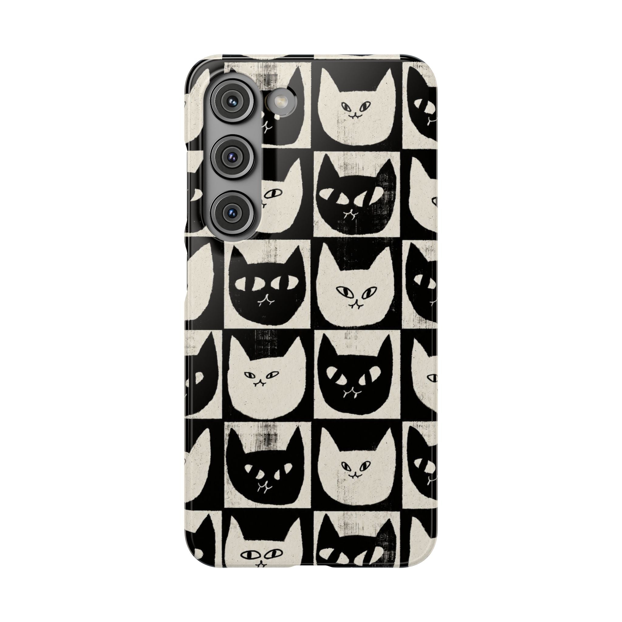 Midnight Cat Grid – Black & White Minimal Cat Phone Case