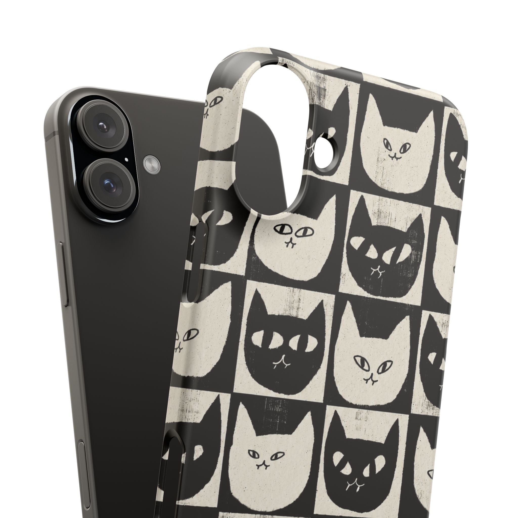Midnight Cat Grid – Black & White Minimal Cat Phone Case