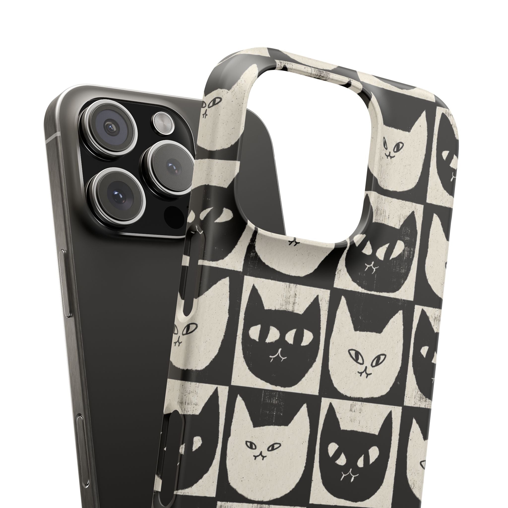 Midnight Cat Grid – Black & White Minimal Cat Phone Case