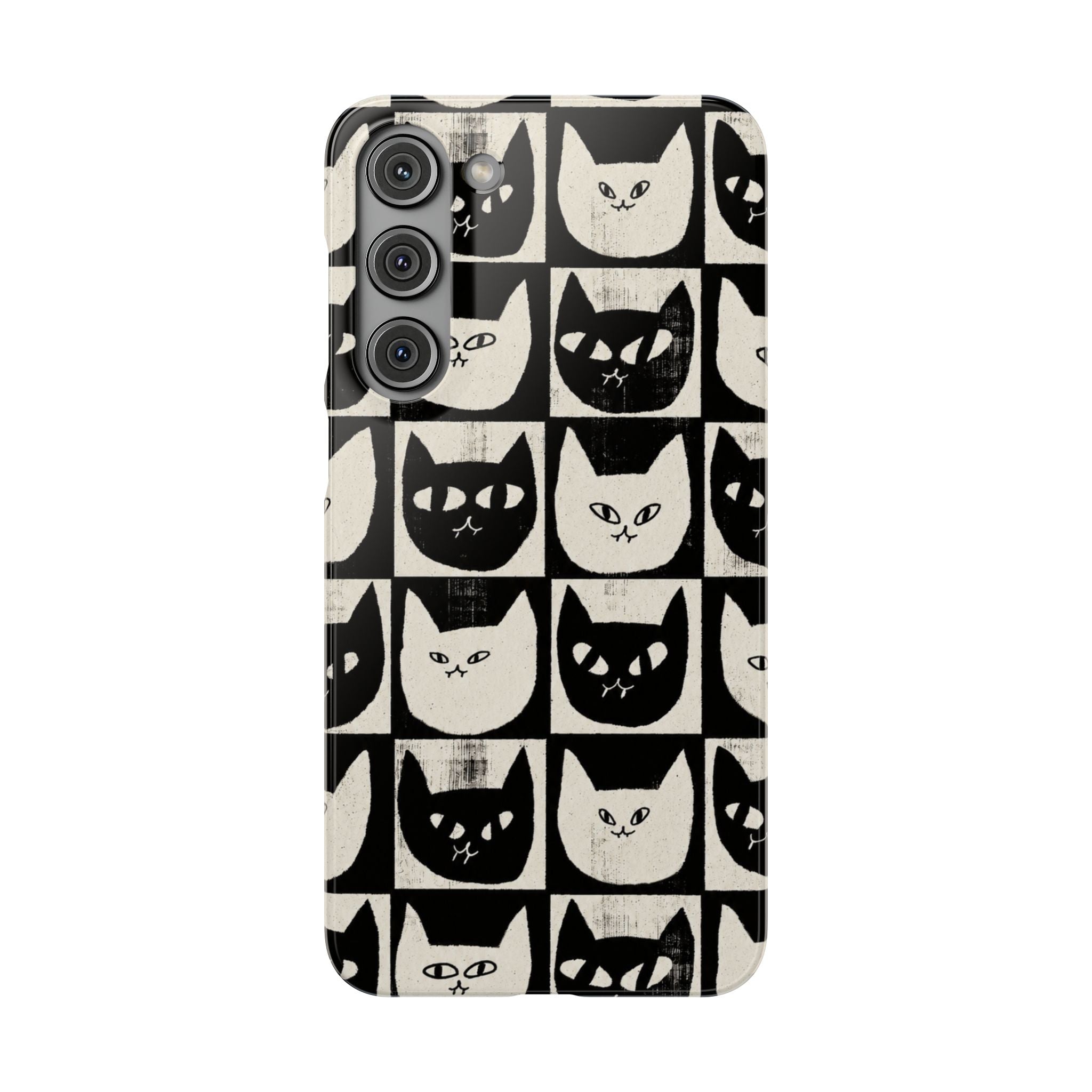 Midnight Cat Grid – Black & White Minimal Cat Phone Case