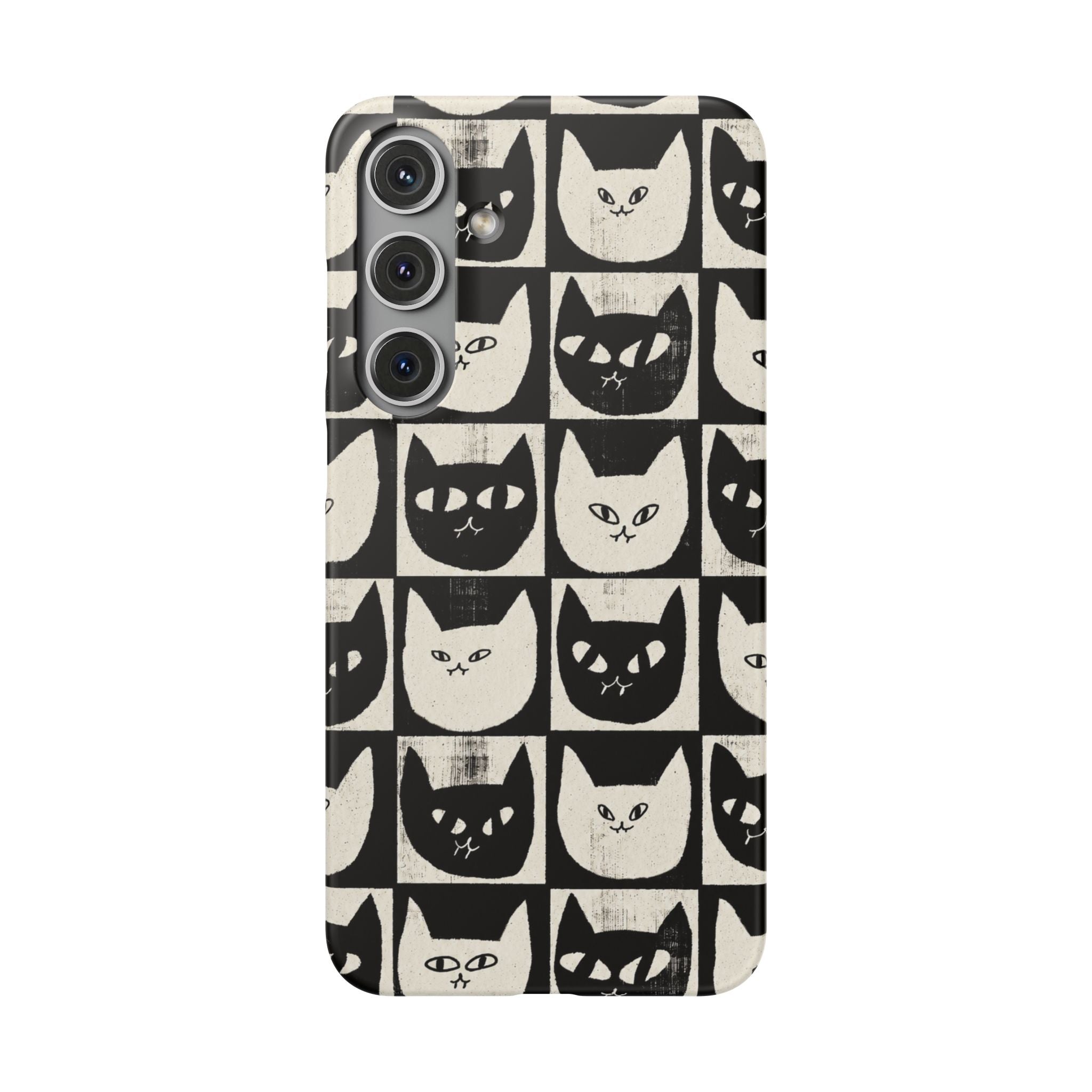 Midnight Cat Grid – Black & White Minimal Cat Phone Case