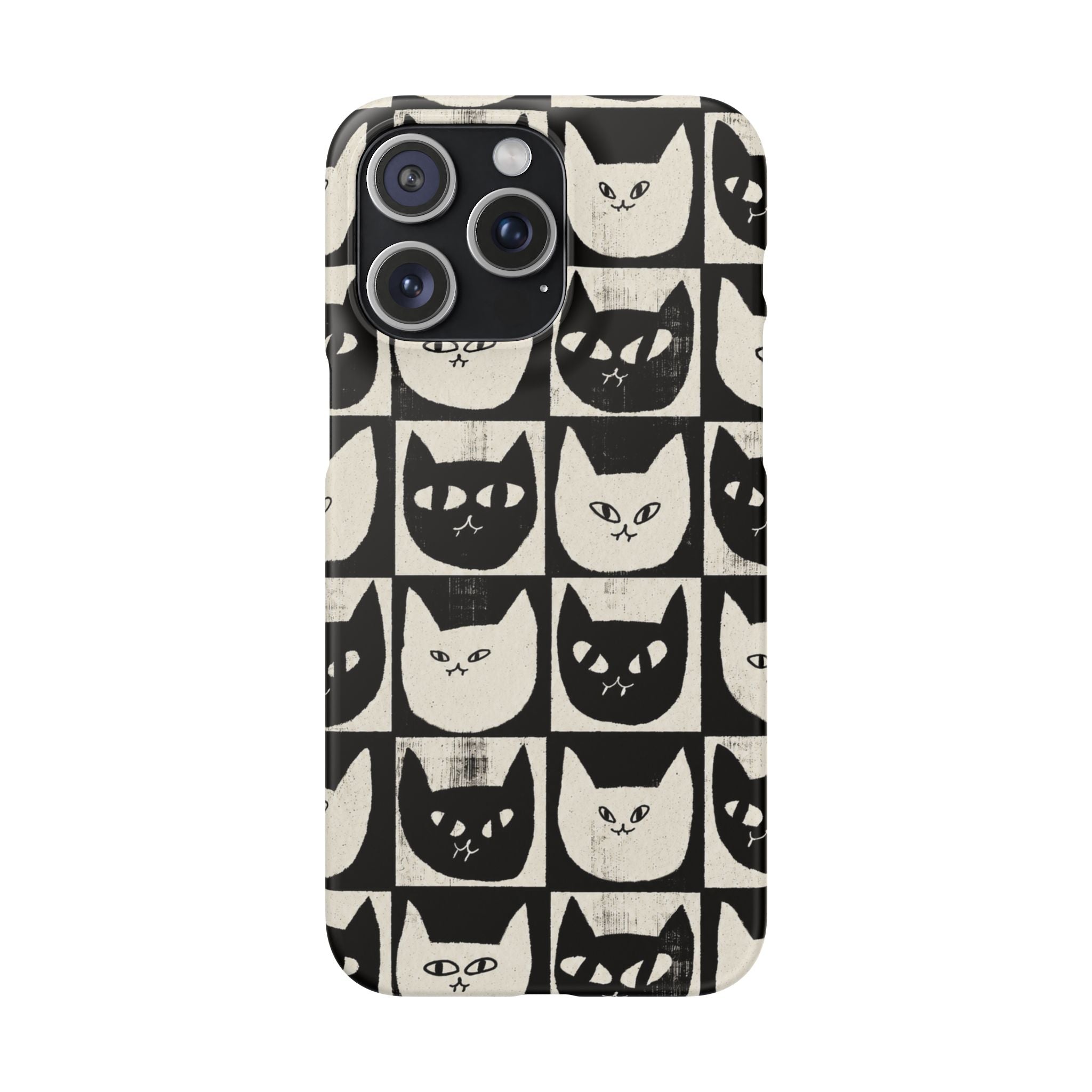 Midnight Cat Grid – Black & White Minimal Cat Phone Case