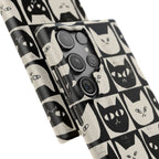 Midnight Cat Grid – Black & White Minimal Cat Phone Case