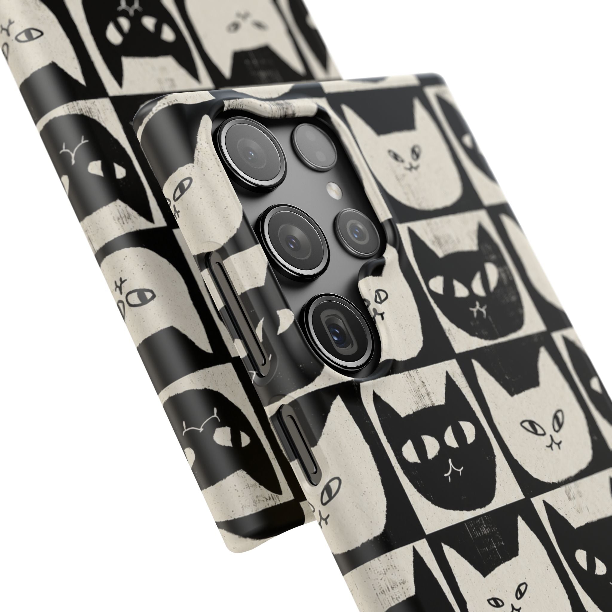 Midnight Cat Grid – Black & White Minimal Cat Phone Case