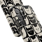 Midnight Cat Grid – Black & White Minimal Cat Phone Case