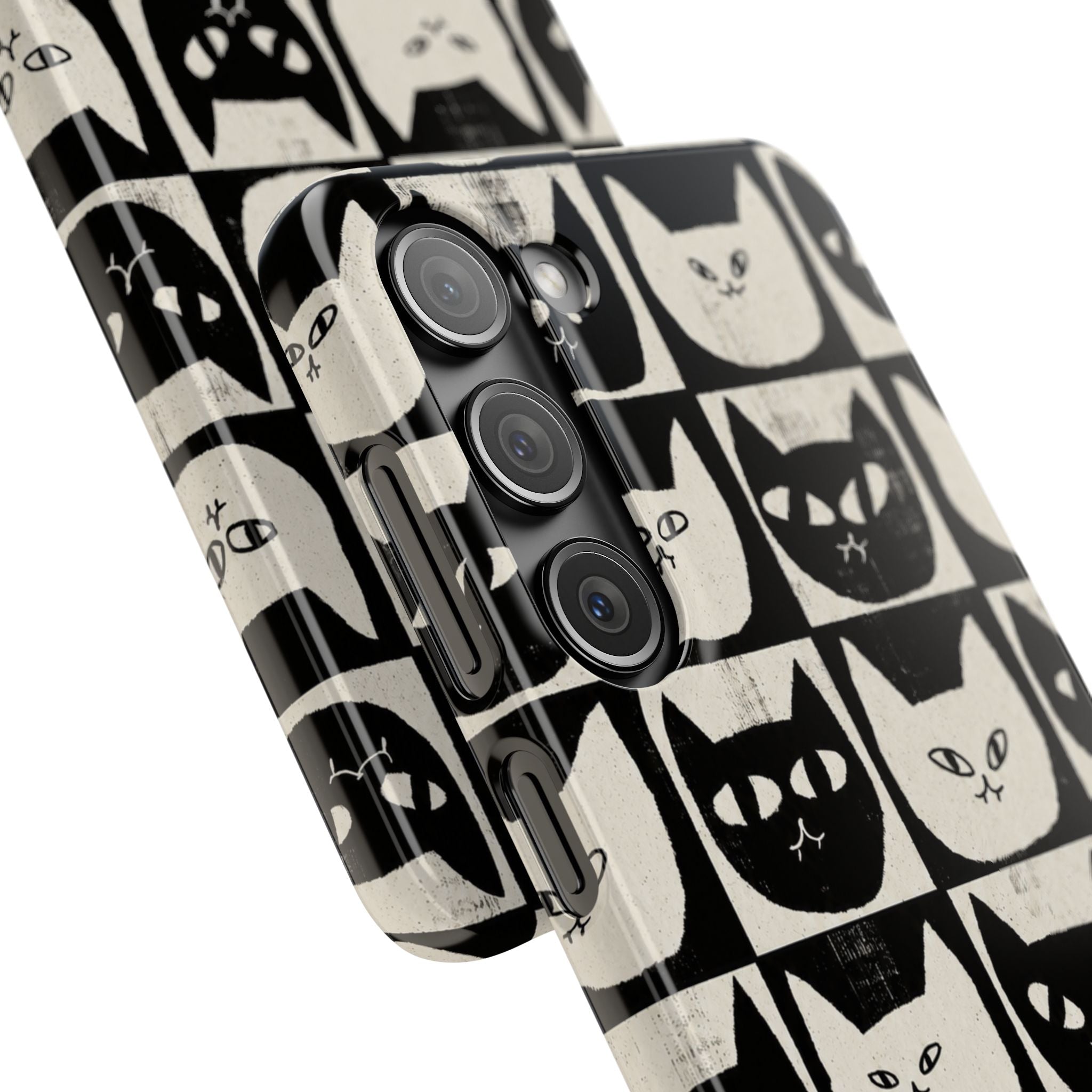Midnight Cat Grid – Black & White Minimal Cat Phone Case
