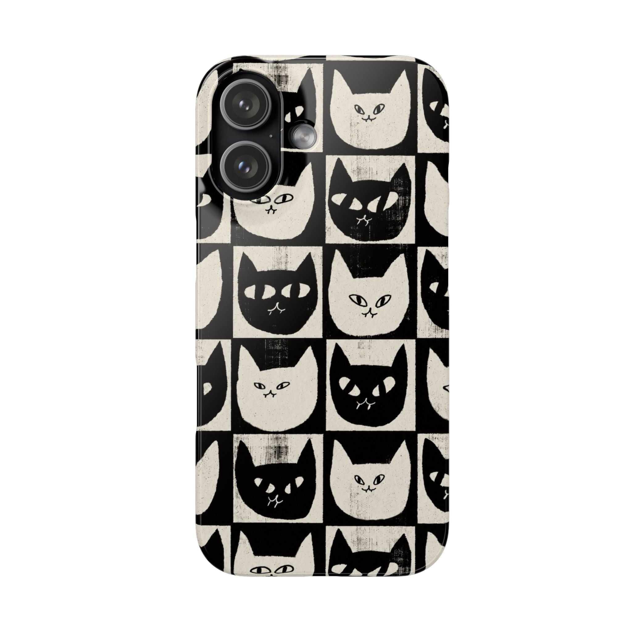 Midnight Cat Grid – Black & White Minimal Cat Phone Case