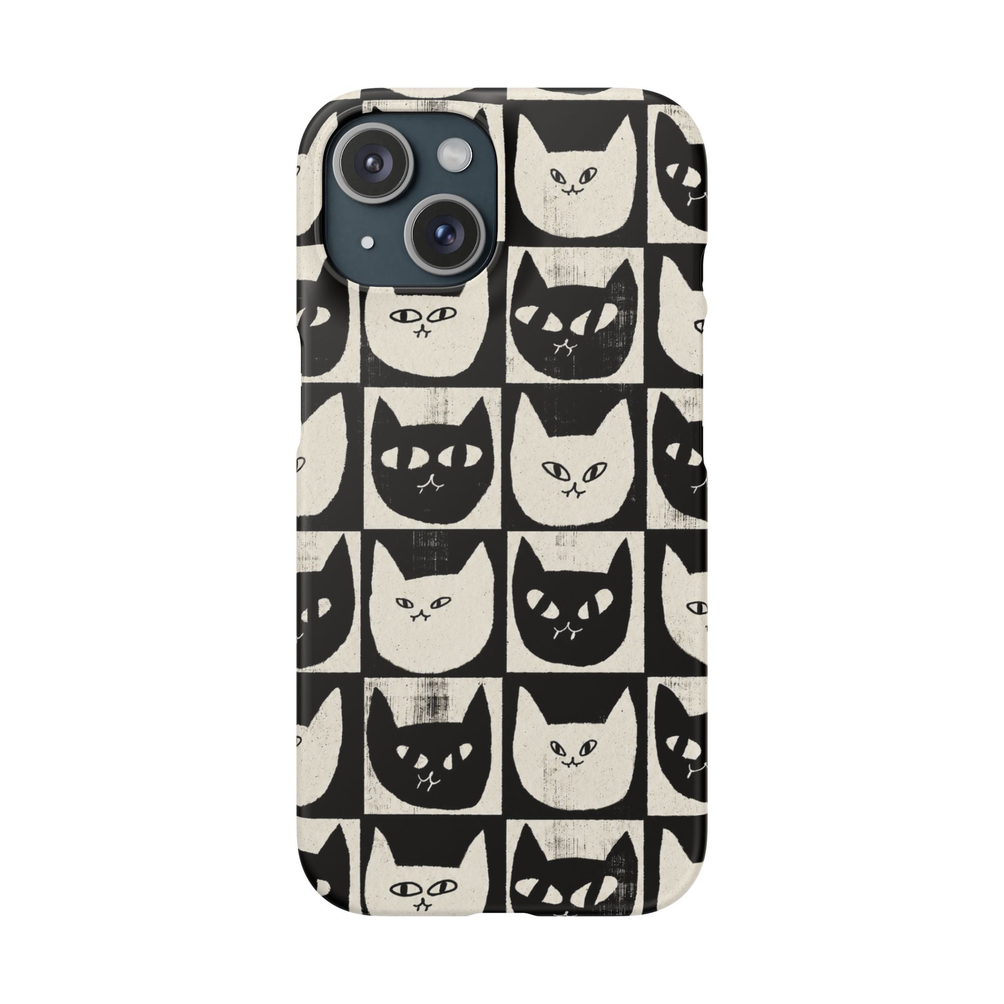 Midnight Cat Grid – Black & White Minimal Cat Phone Case
