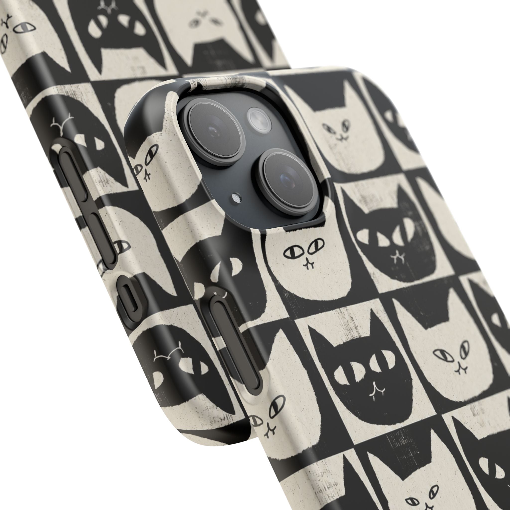 Midnight Cat Grid – Black & White Minimal Cat Phone Case