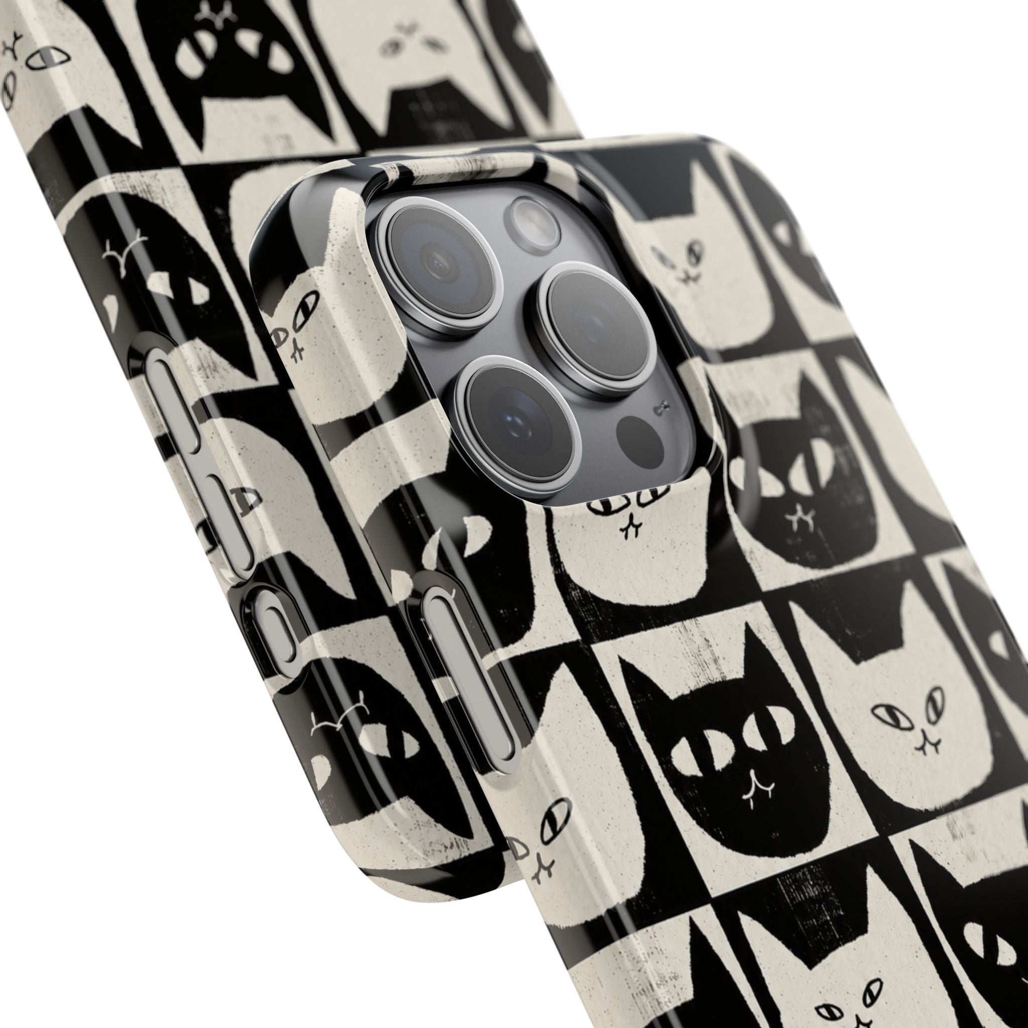 Midnight Cat Grid – Black & White Minimal Cat Phone Case