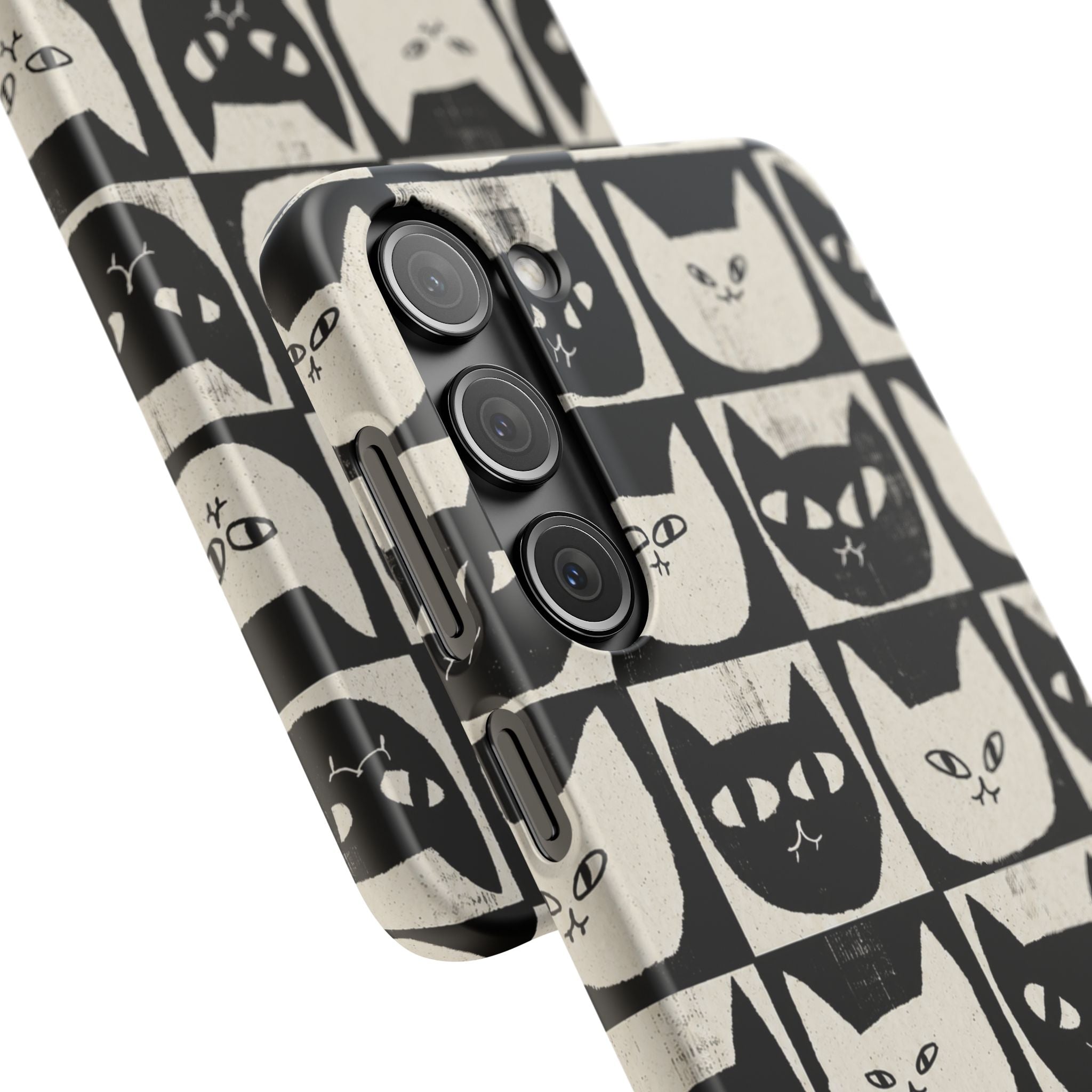 Midnight Cat Grid – Black & White Minimal Cat Phone Case