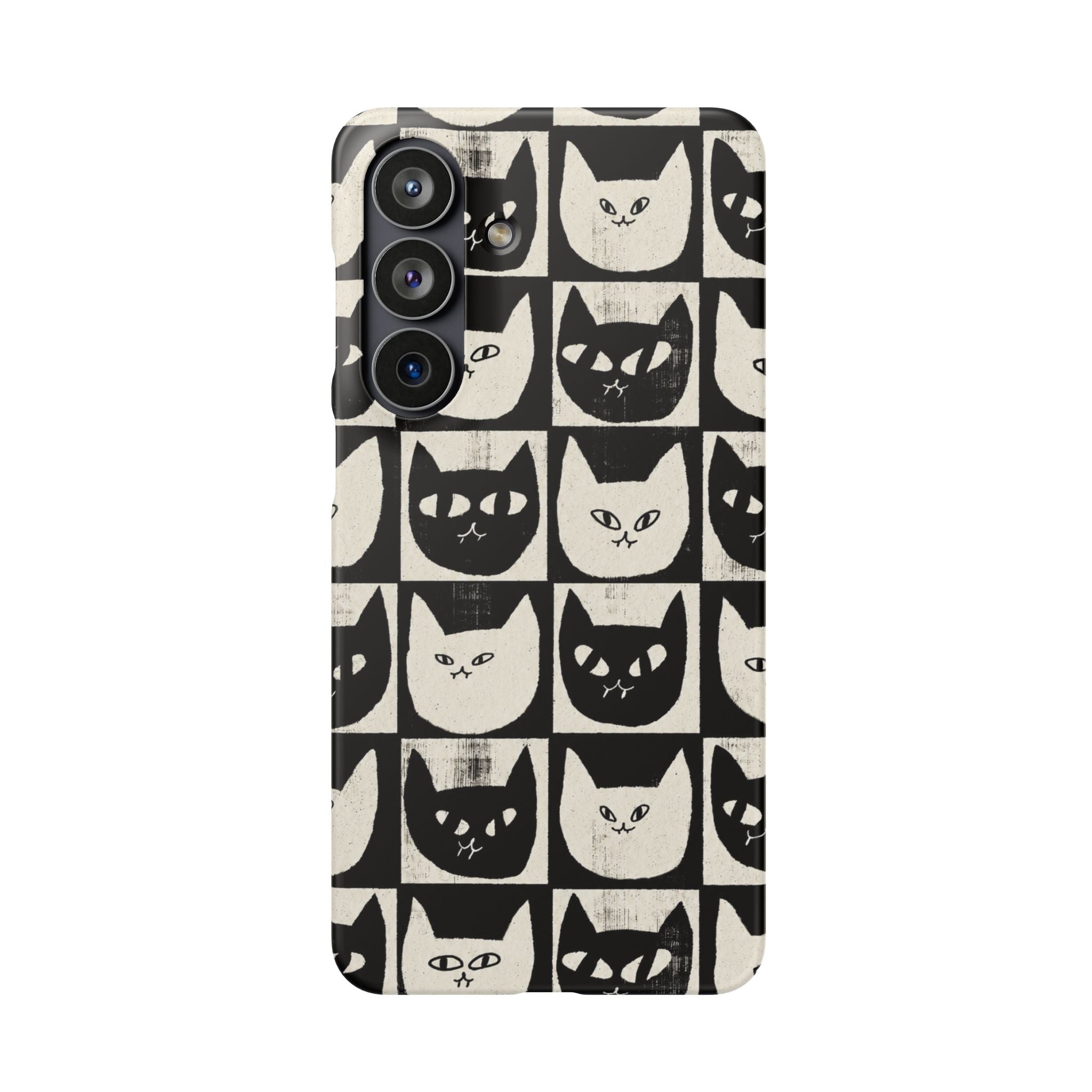 Midnight Cat Grid – Black & White Minimal Cat Phone Case