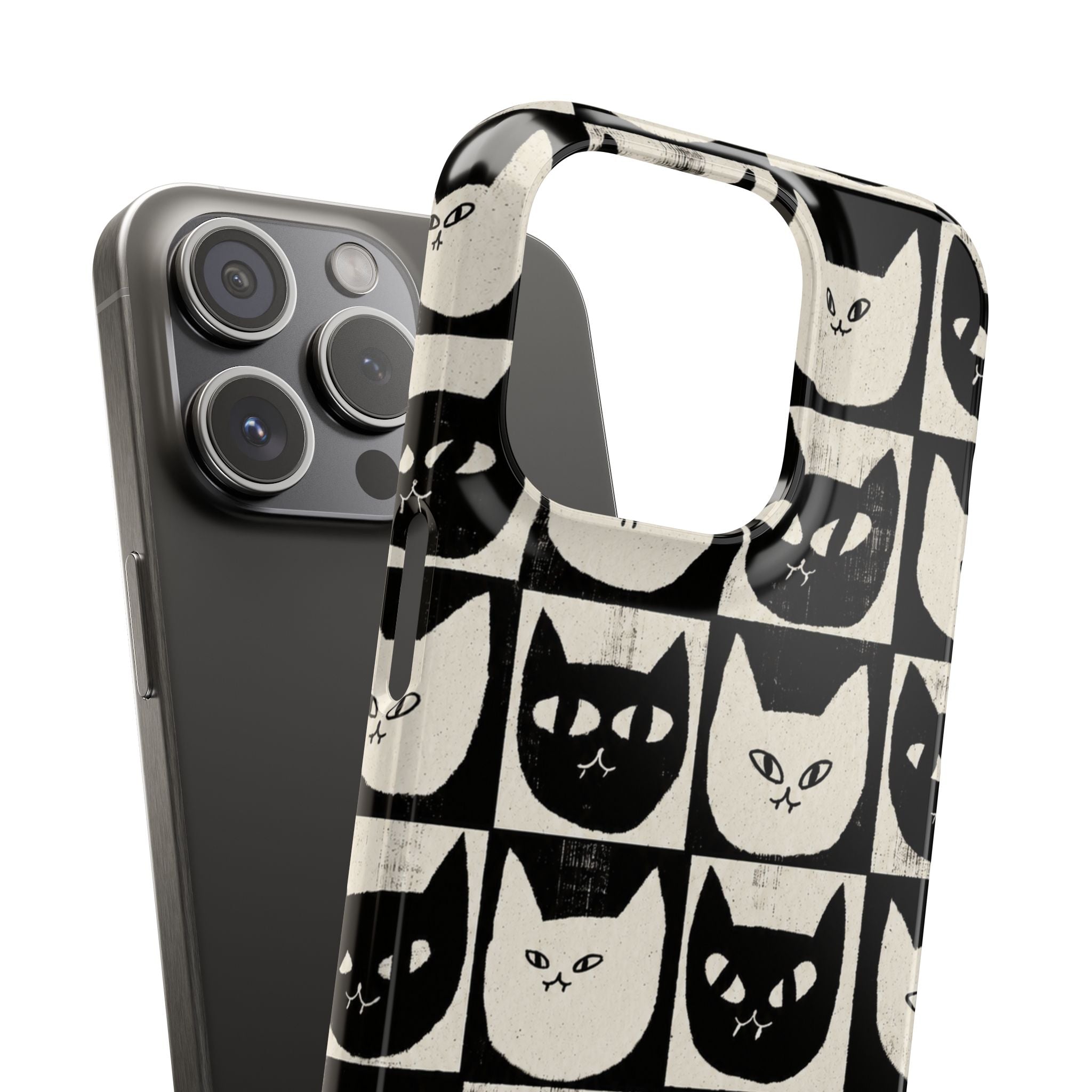 Midnight Cat Grid – Black & White Minimal Cat Phone Case