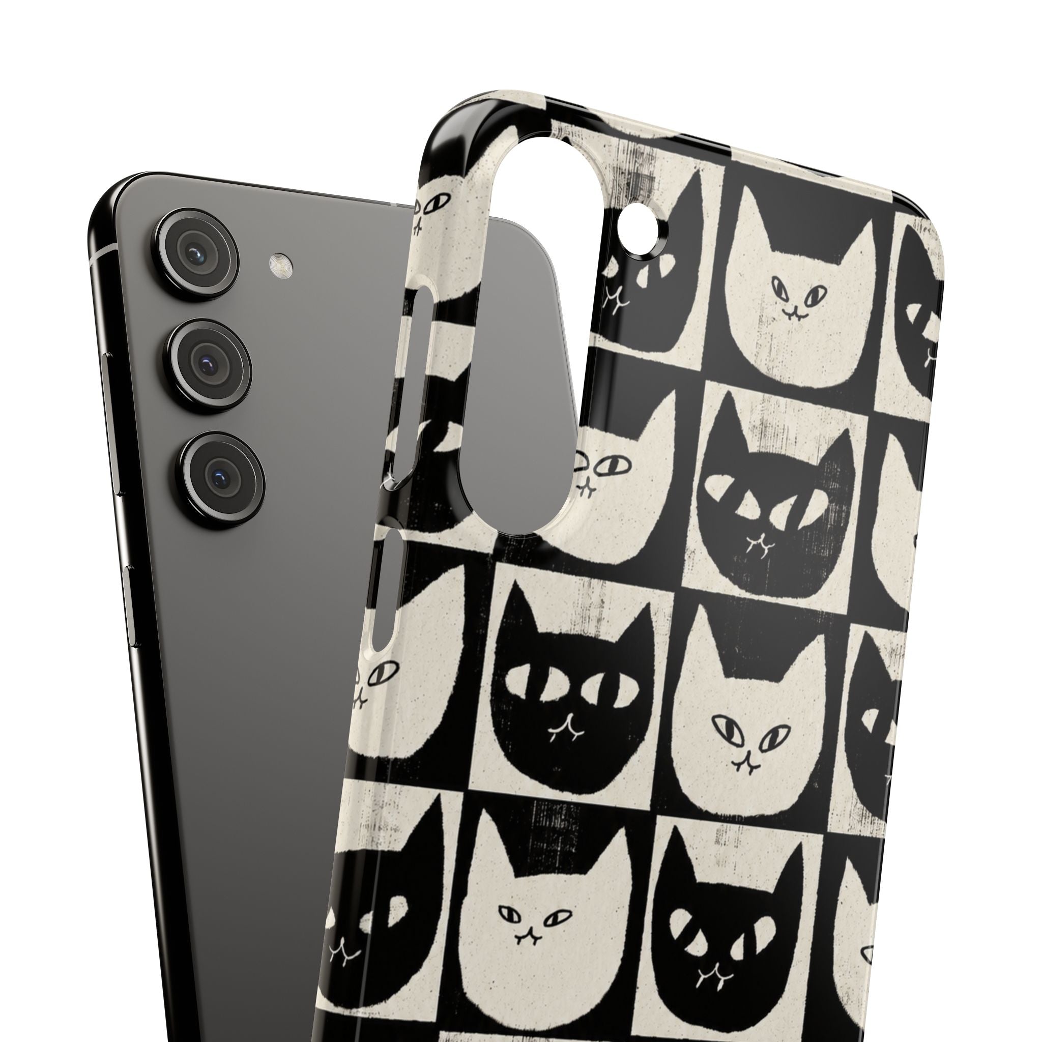 Midnight Cat Grid – Black & White Minimal Cat Phone Case