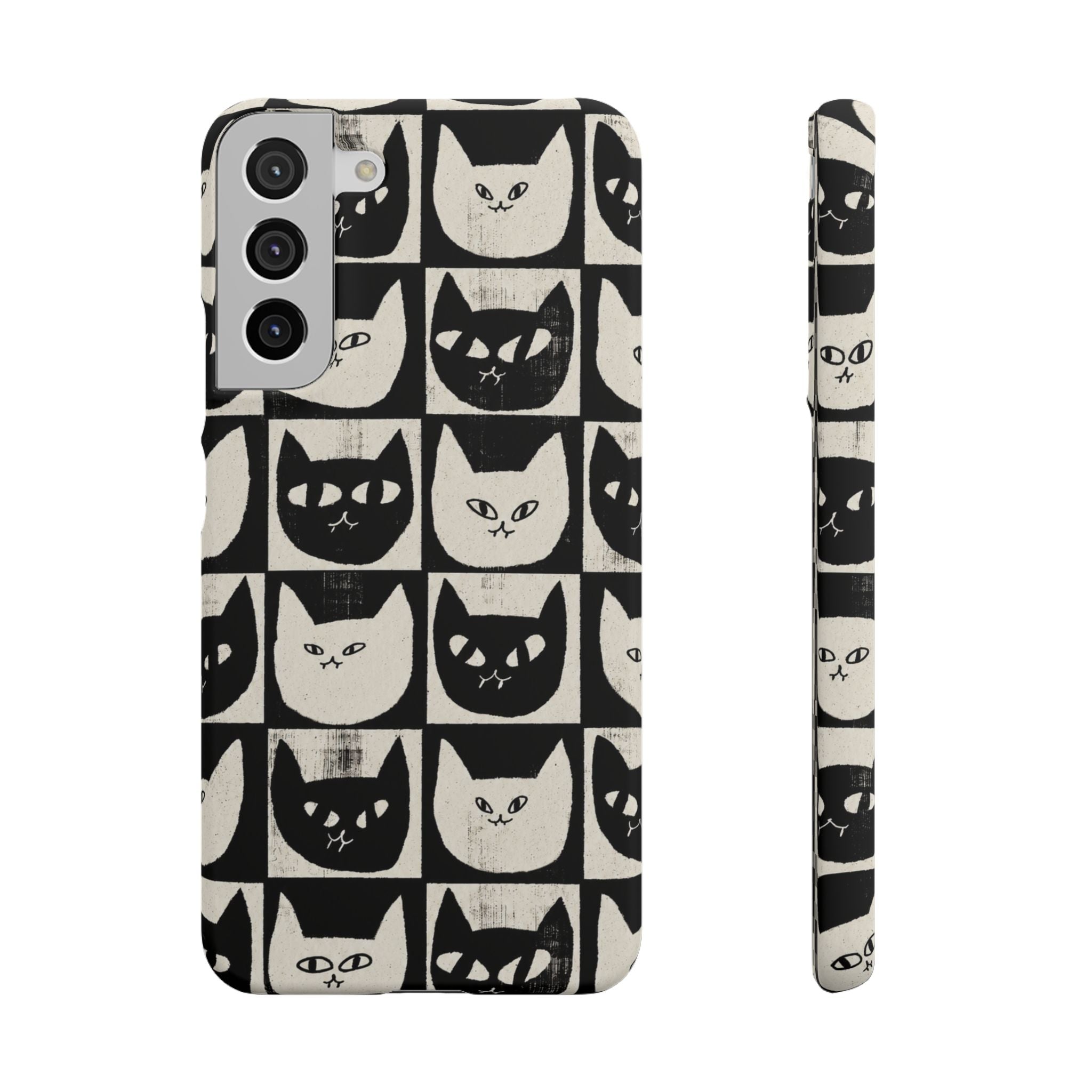 Midnight Cat Grid – Black & White Minimal Cat Phone Case