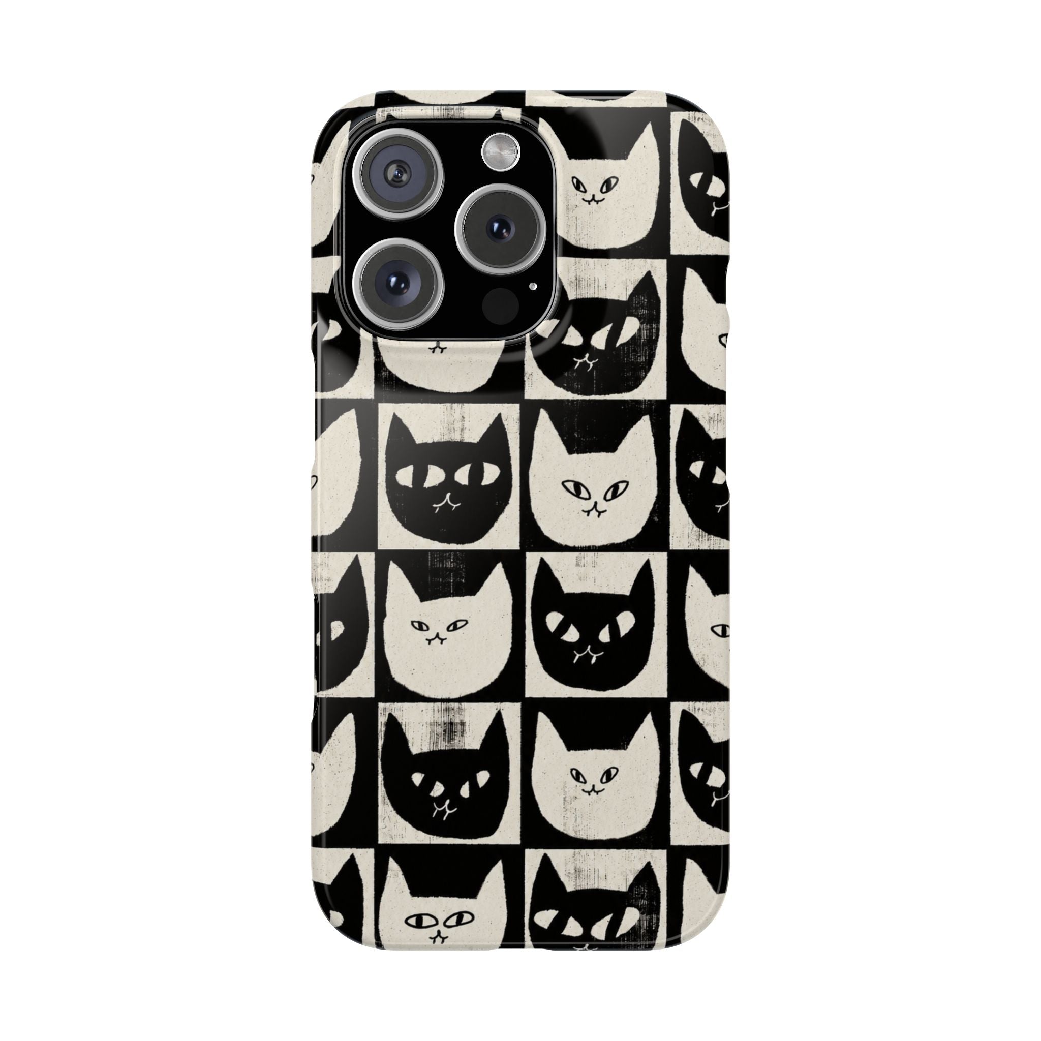 Midnight Cat Grid – Black & White Minimal Cat Phone Case